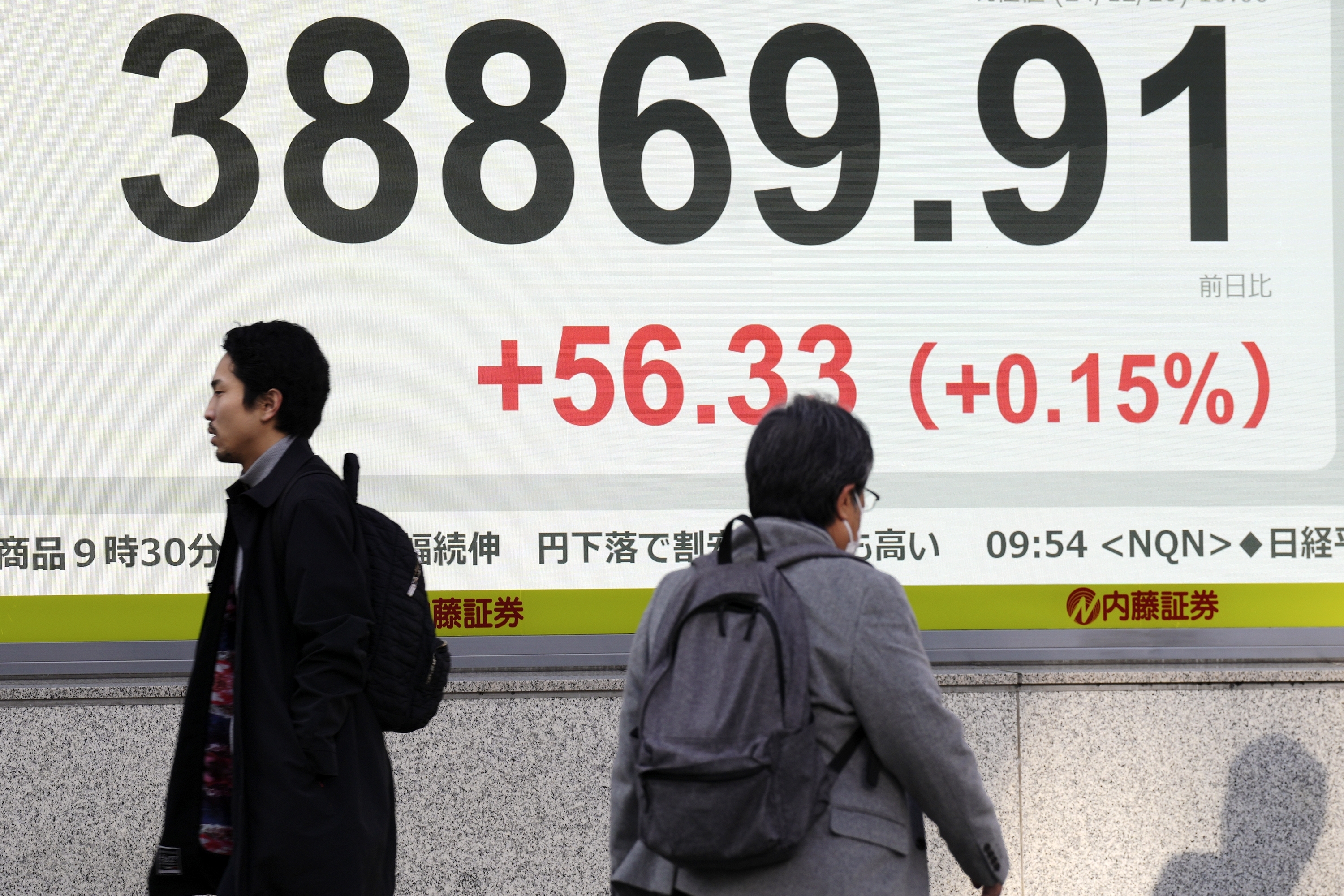 People walk in front of an electronic stock board showing Japan's Nikkei index at a securities firm Friday, Dec. 20, 2024, in Tokyo. (AP Photo/Eugene Hoshiko)