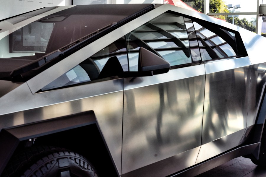 FILE- A Tesla Cybertruck is on display at Tesla in Buena Park, Calif., on Sunday, Dec. 3, 2023. (AP Photo/Richard Vogel, File)