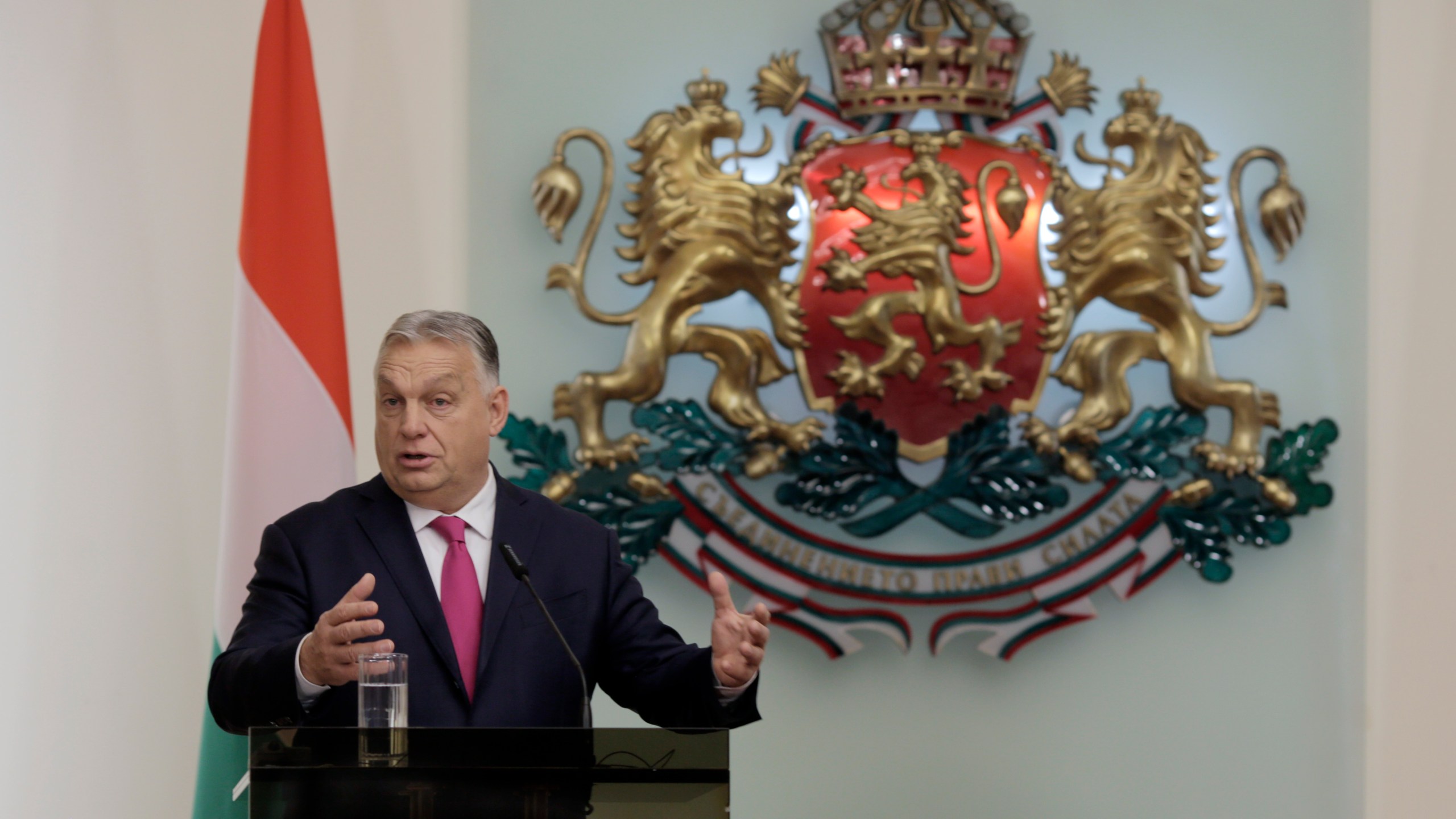 Hungary's Prime Minister Viktor Orban speaks during his visit at Bulgarian presidency in Sofia on Friday, Dec. 20, 2024. (AP Photo/Valentina Petrova)