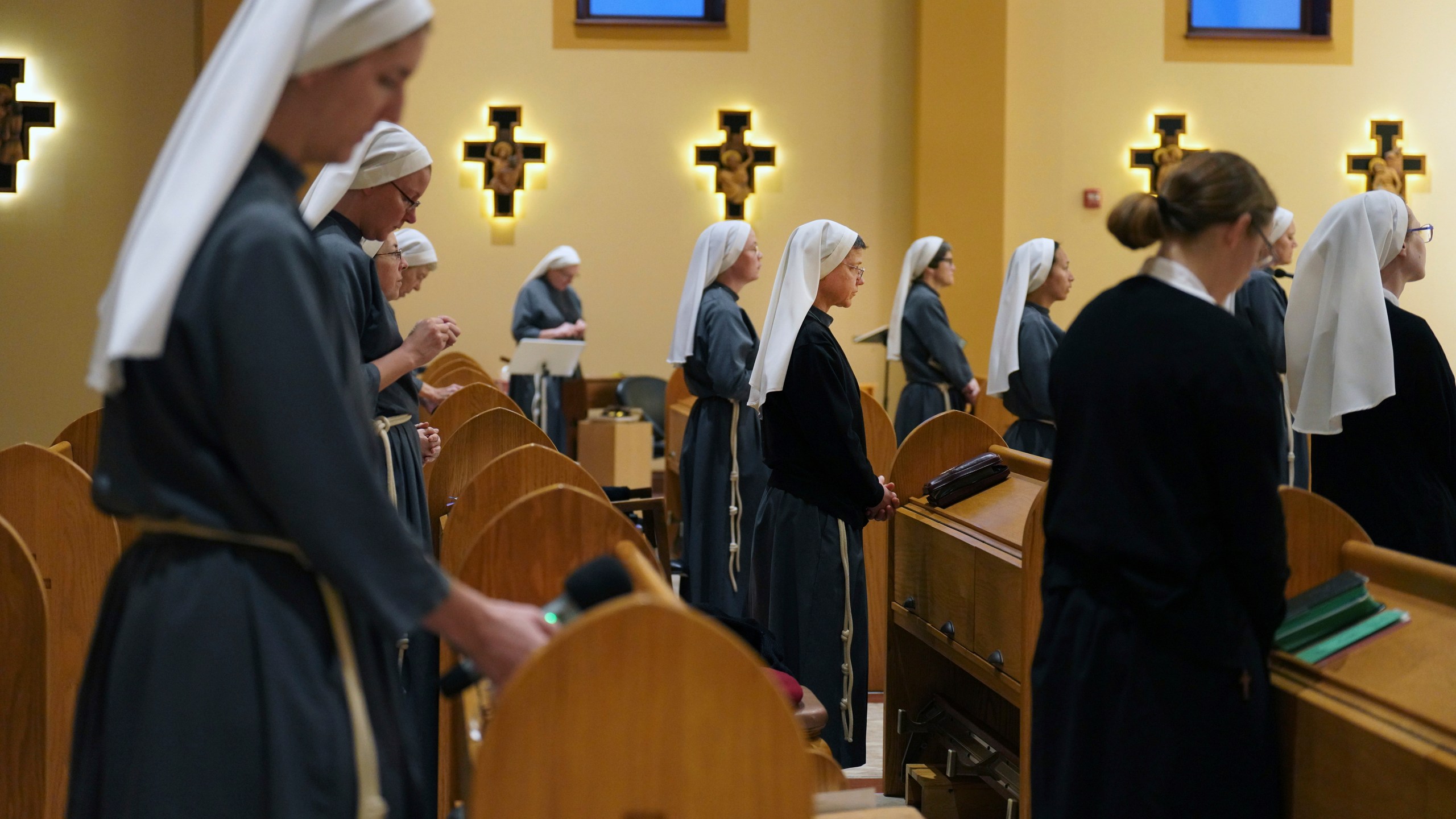 The Franciscan Sisters, T.O.R. of Penance of the Sorrowful Mother, during morning prayer in the chapel of the motherhouse in Toronto, Ohio, Thursday, Nov. 7, 2024. (AP Photo/Jessie Wardarski)