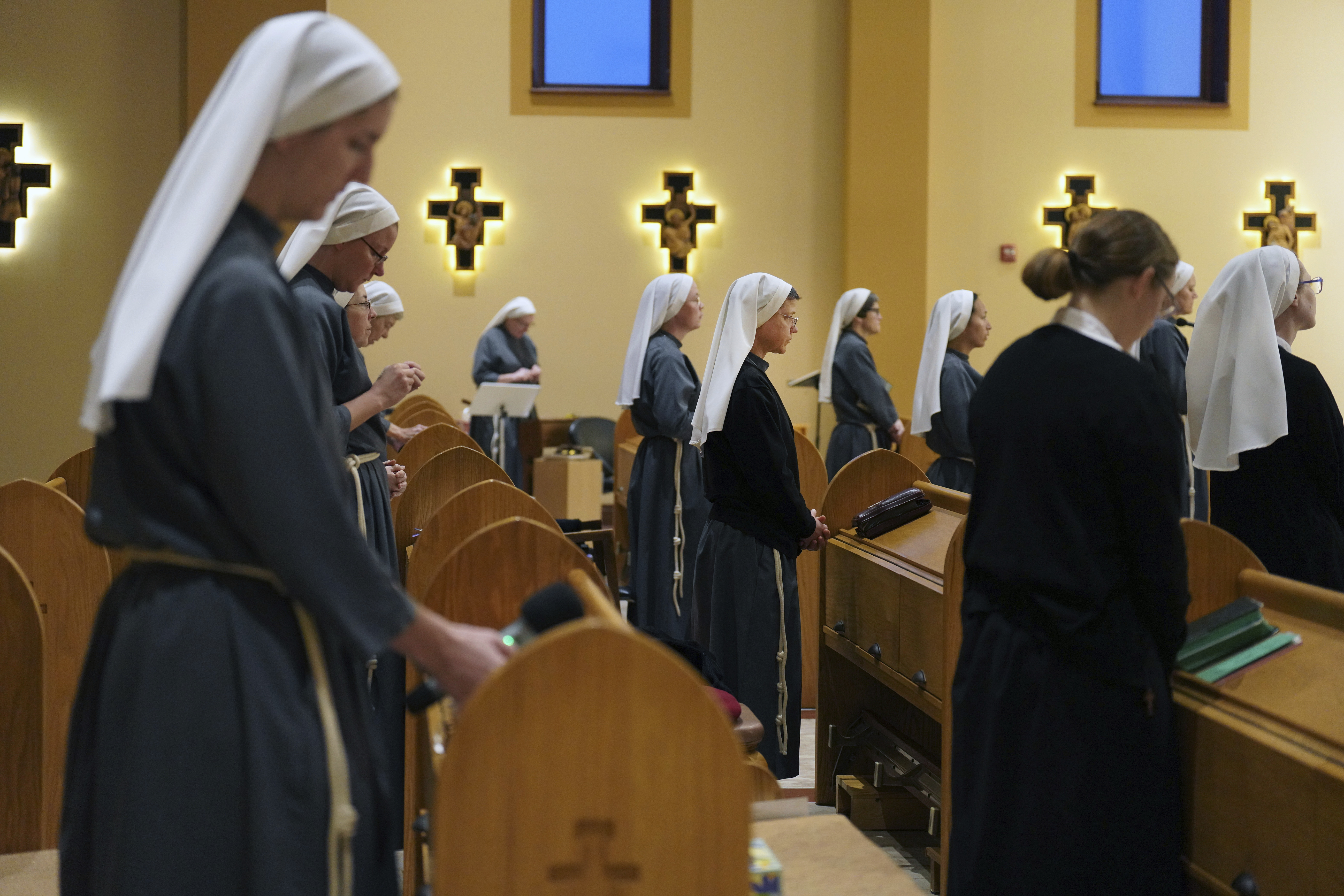 The Franciscan Sisters, T.O.R. of Penance of the Sorrowful Mother, during morning prayer in the chapel of the motherhouse in Toronto, Ohio, Thursday, Nov. 7, 2024. (AP Photo/Jessie Wardarski)