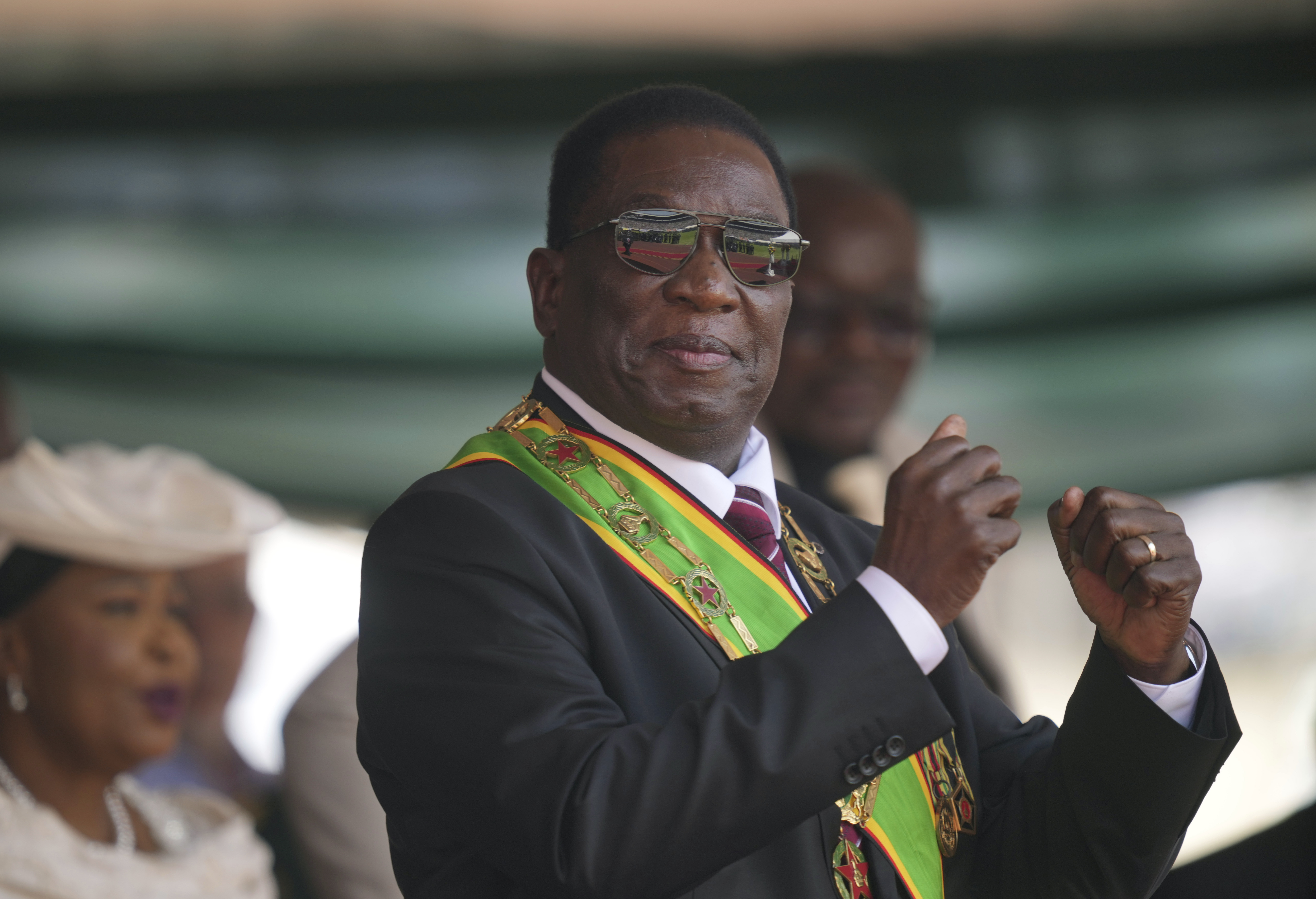 FILE - Zimbabwe President Emmerson Mnangagwa gestures during his inauguration ceremony at the National Sports Stadium in the capital, Harare, on Sept. 4 2023. (AP Photo /Tsvangirayi Mukwazhi, File)