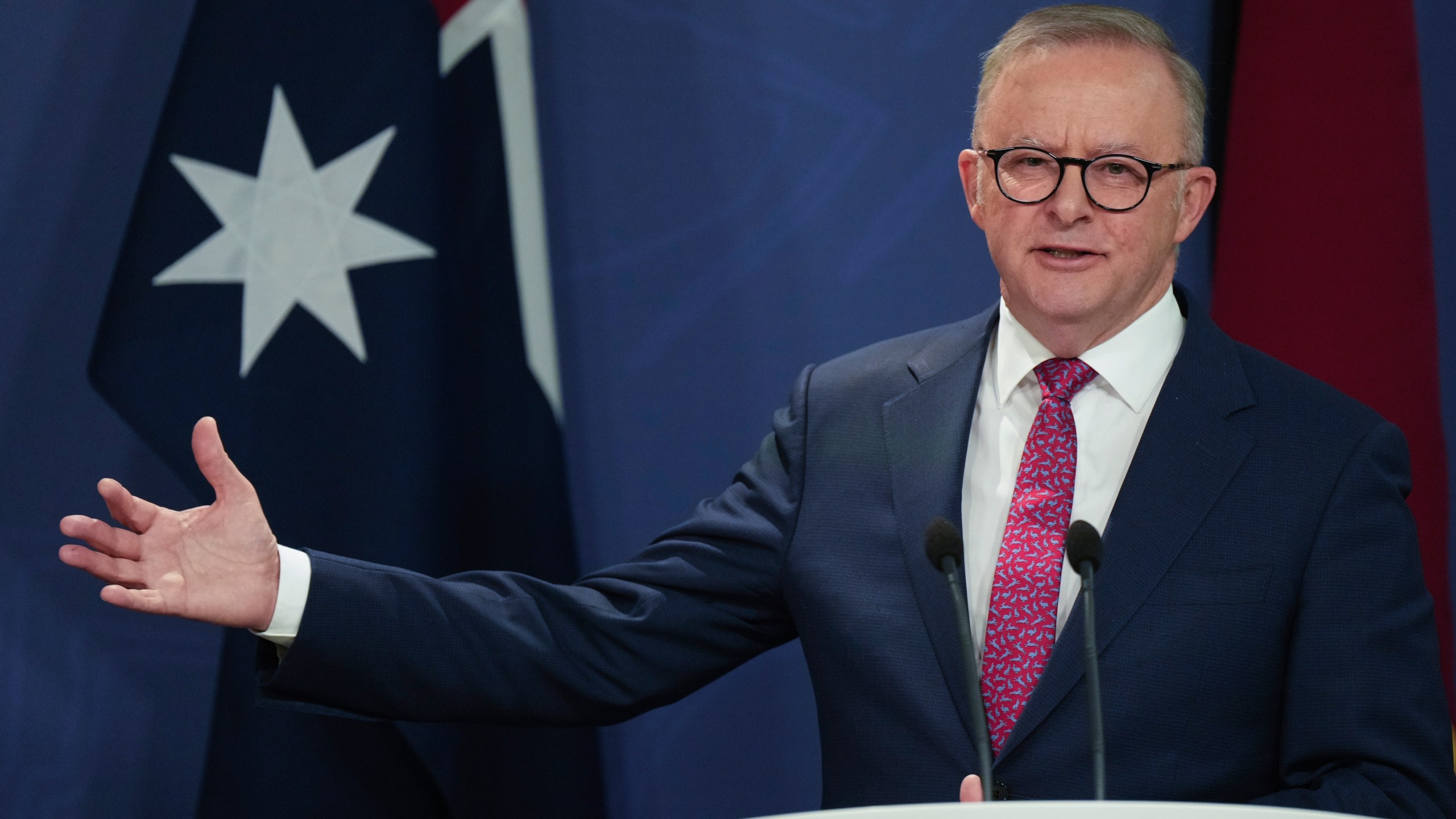 FILE - Australian Prime Minister Anthony Albanese gestures during a press conference in Sydney, Australia, Thursday, Dec. 12, 2024. (AP Photo/Mark Baker, File)