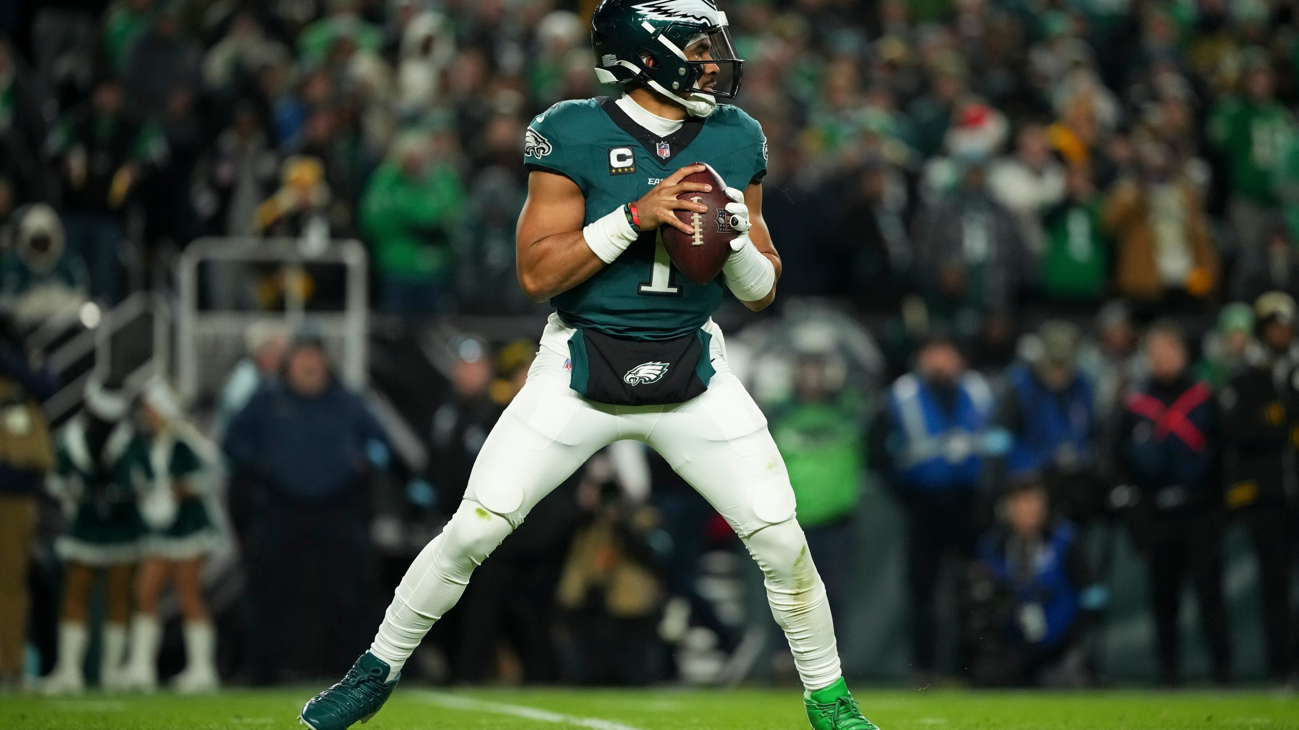 Philadelphia Eagles quarterback Jalen Hurts looks to pass during the first half of an NFL football game against the Pittsburgh Steelers on Sunday, Dec. 15, 2024, in Philadelphia. (AP Photo/Matt Slocum)