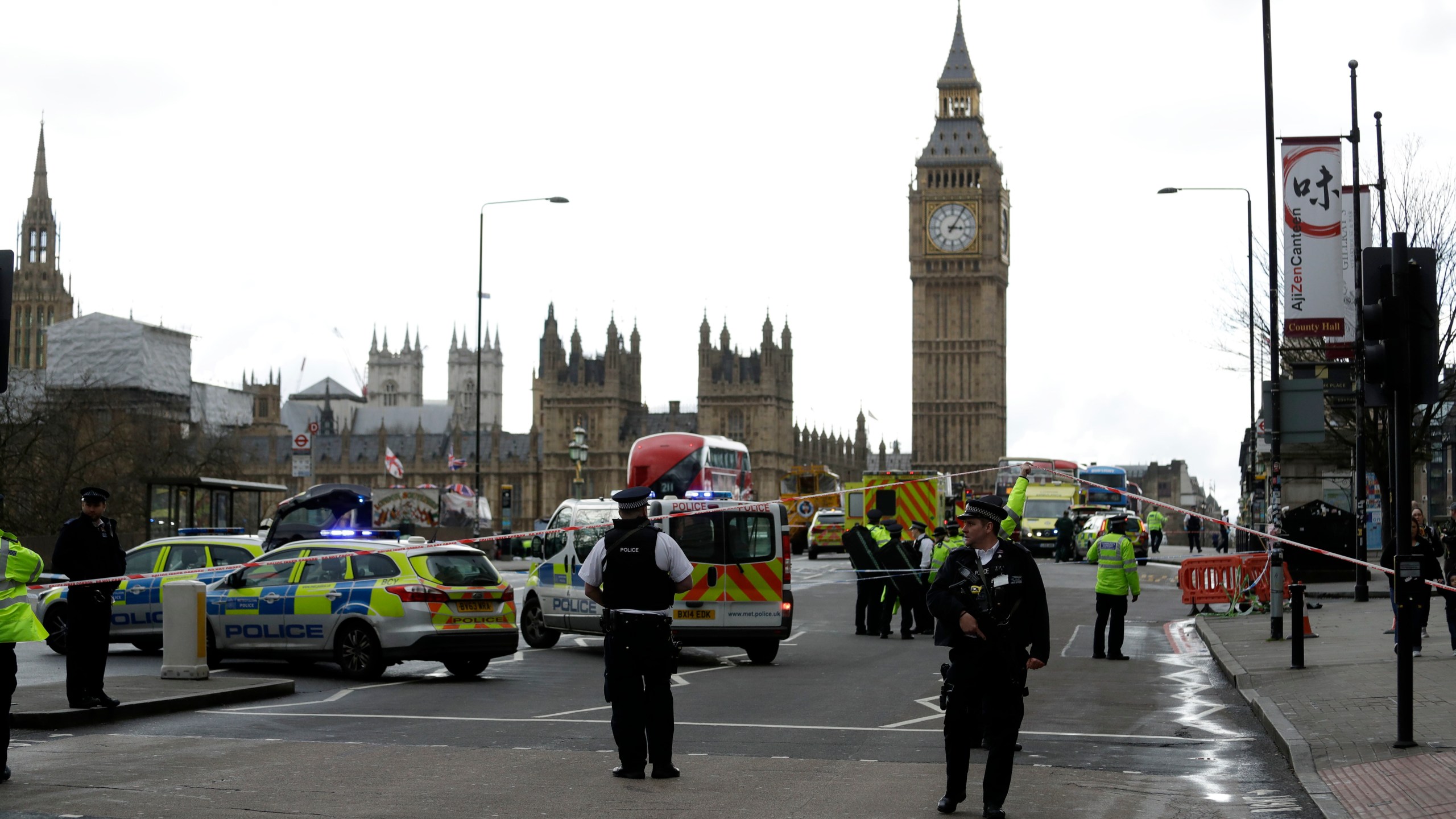 FILE - In this Wednesday, March 22, 2017 file photo, police secure the area on the south side of Westminster Bridge close to the Houses of Parliament in London. (AP Photo/Matt Dunham, File)