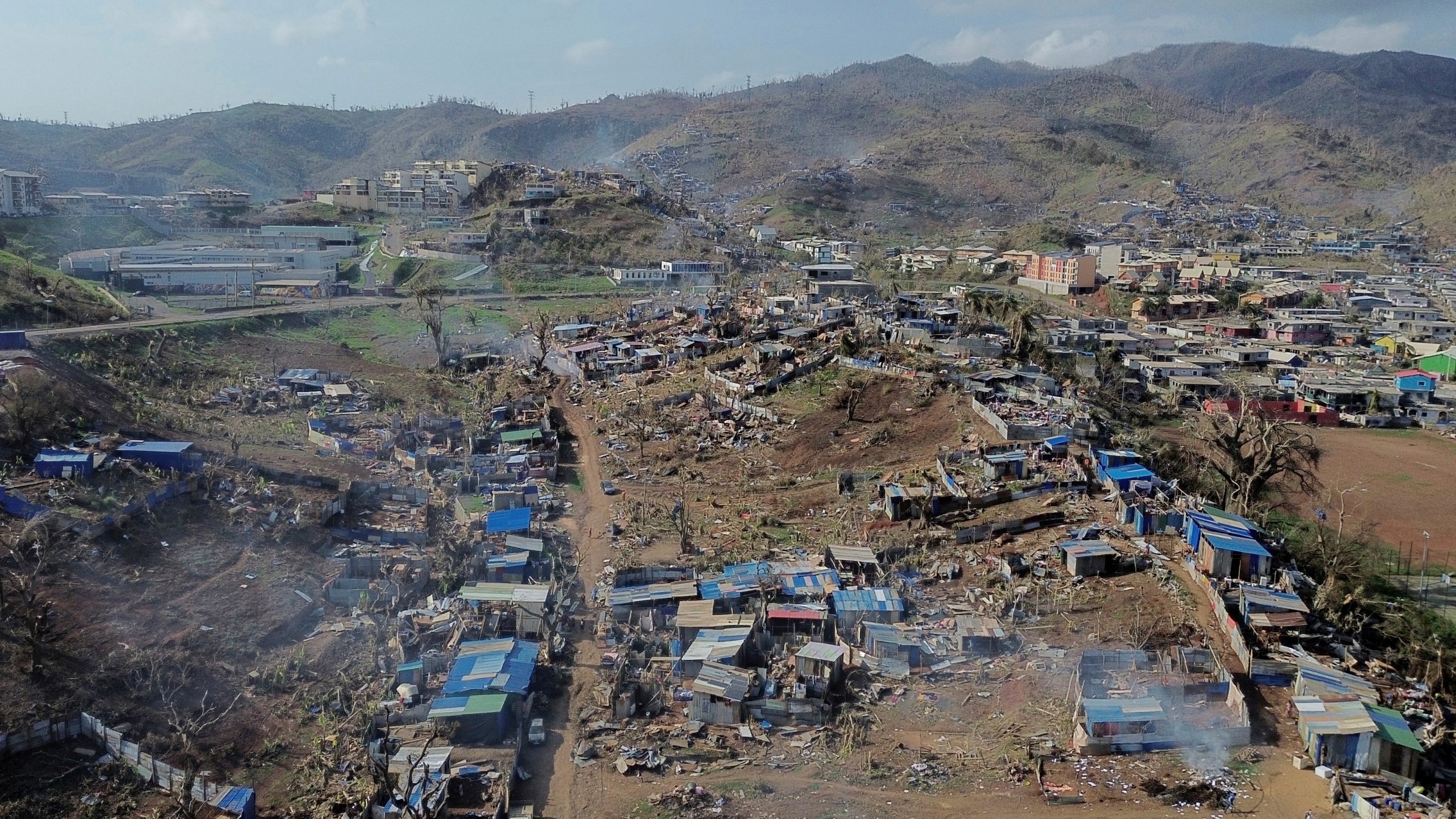 A drone view of the Barakani, Mayotte, informal settlement, Saturday, Dec. 21, 2024. (AP Photo/Adrienne Surprenant)