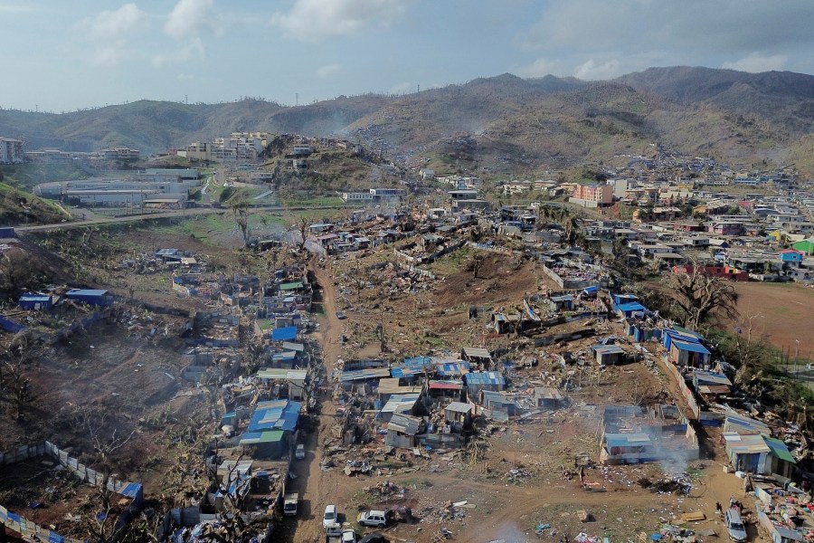 A drone view of the Barakani, Mayotte, informal settlement, Saturday, Dec. 21, 2024. (AP Photo/Adrienne Surprenant)