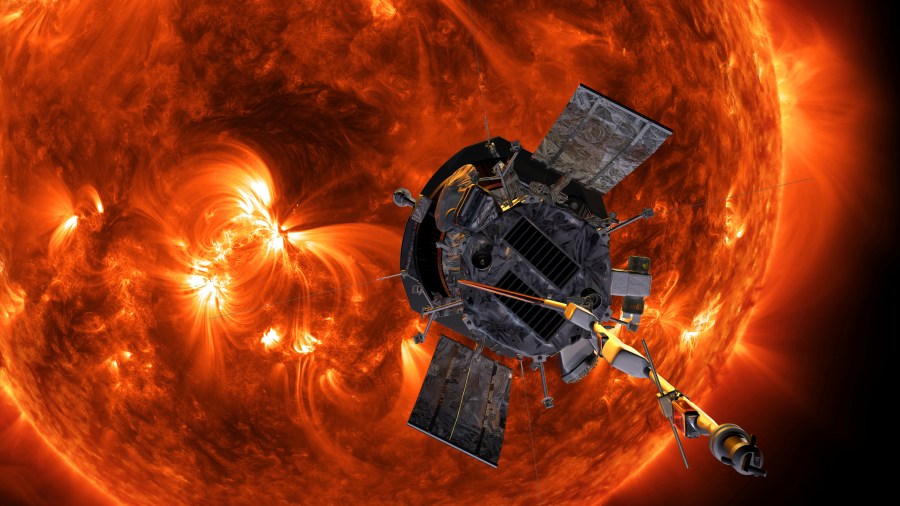 FILE - This image made available by NASA shows an artist's rendering of the Parker Solar Probe approaching the Sun. It's designed to take solar punishment like never before, thanks to its revolutionary heat shield that's capable of withstanding 2,500 degrees Fahrenheit (1,370 degrees Celsius). (Steve Gribben/Johns Hopkins APL/NASA via AP, File)