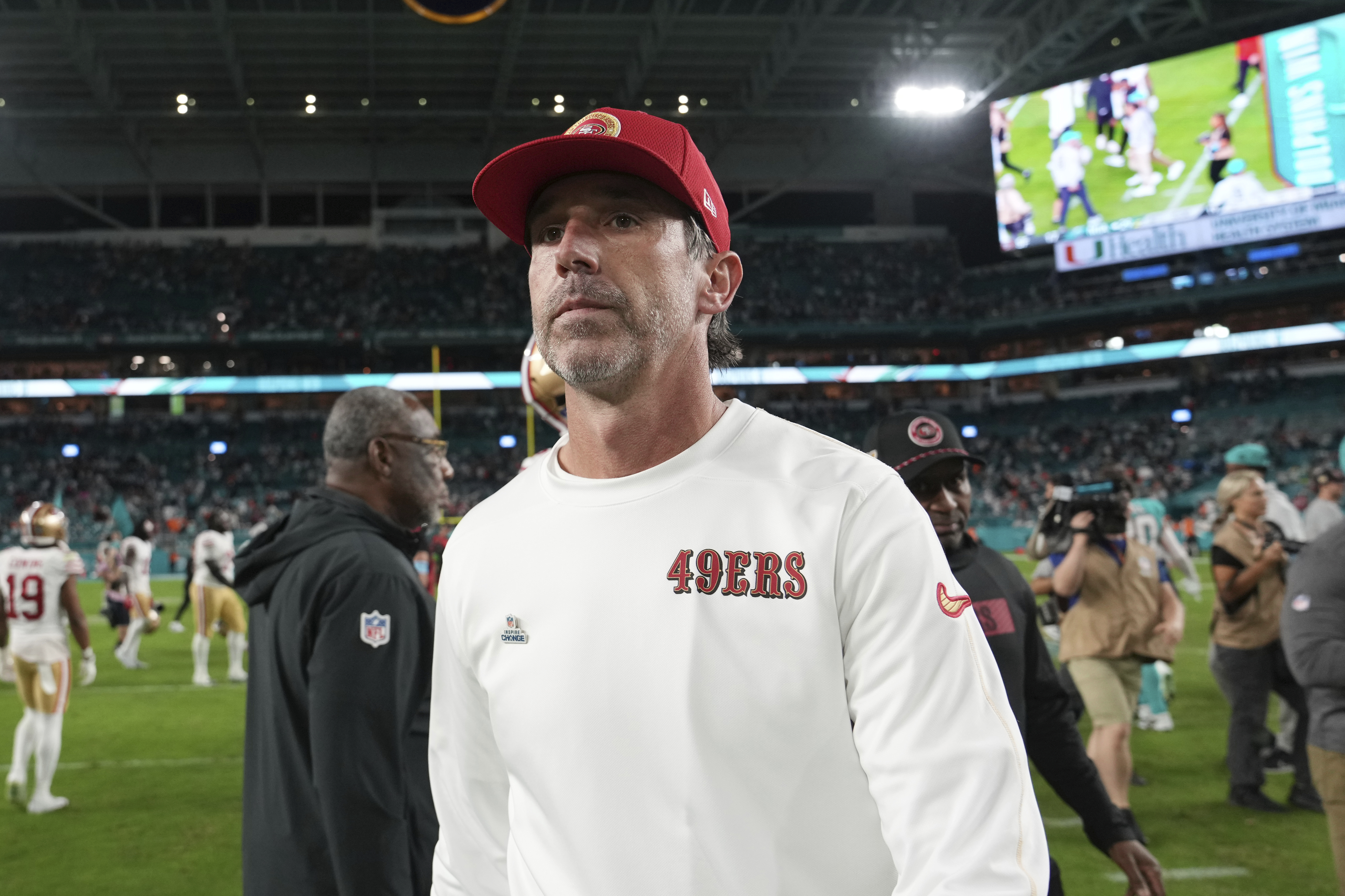 San Francisco 49ers head coach Kyle Shanahan leaves the field at the end of an NFL football game against the Miami Dolphins, Sunday, Dec. 22, 2024, in Miami Gardens, Fla. (AP Photo/Lynne Sladky)