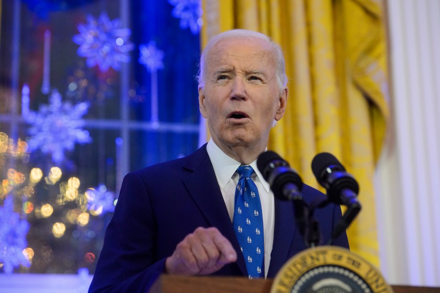 FILE - President Joe Biden speaks during a Hanukkah reception in the East Room of the White House in Washington, Monday, Dec. 16, 2024. (AP Photo/Rod Lamkey, Jr., File)