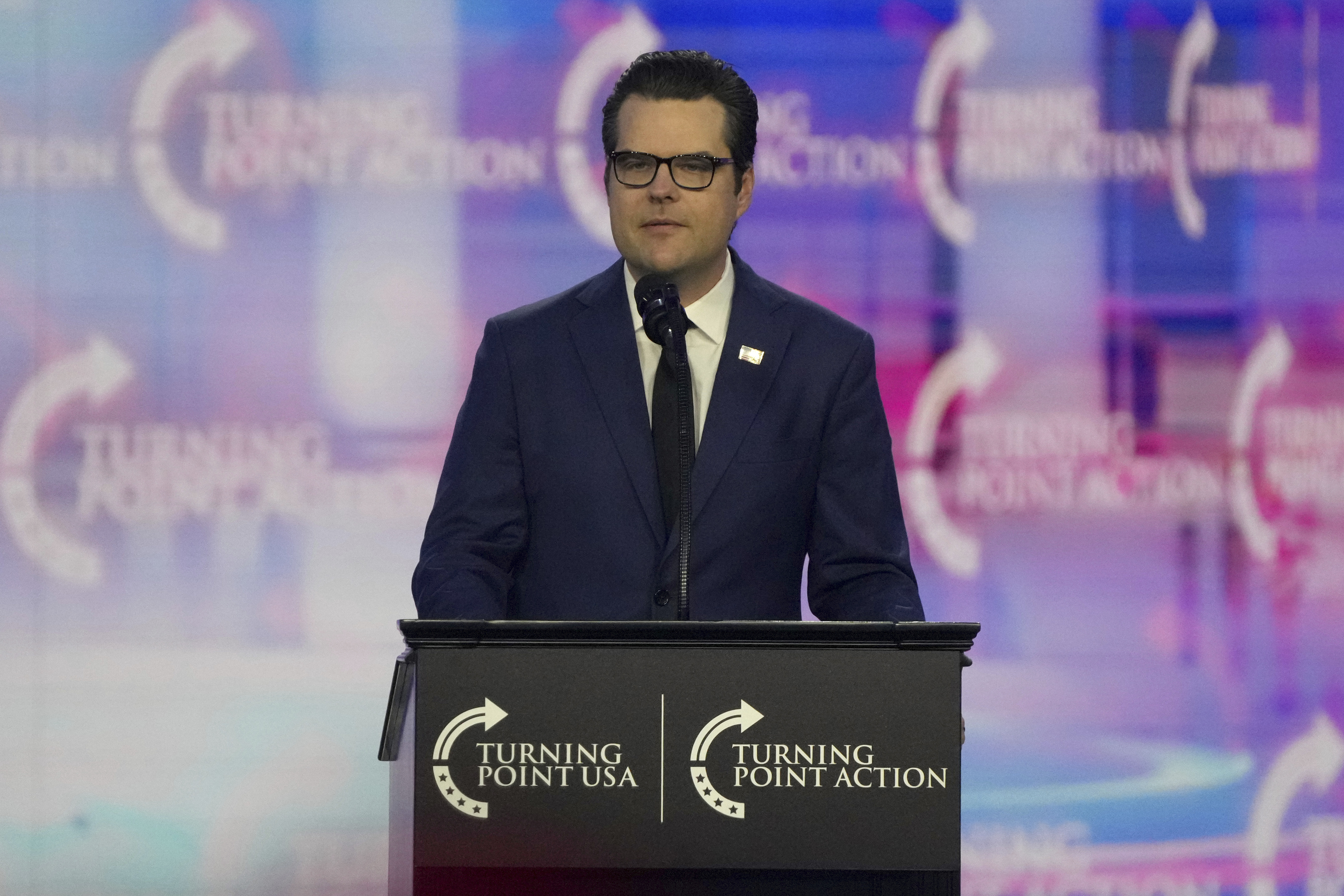 Former Rep. Matt Gaetz, R- Fla., speaks at AmericaFest, Sunday, Dec. 22, 2024, in Phoenix. (AP Photo/Rick Scuteri)