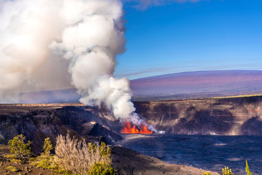 In this photo provided by the National Park Service, an eruption takes place on the summit of the Kilauea volcano in Hawaii, Monday, Dec. 23, 2024. (Janice Wei/NPS via AP)