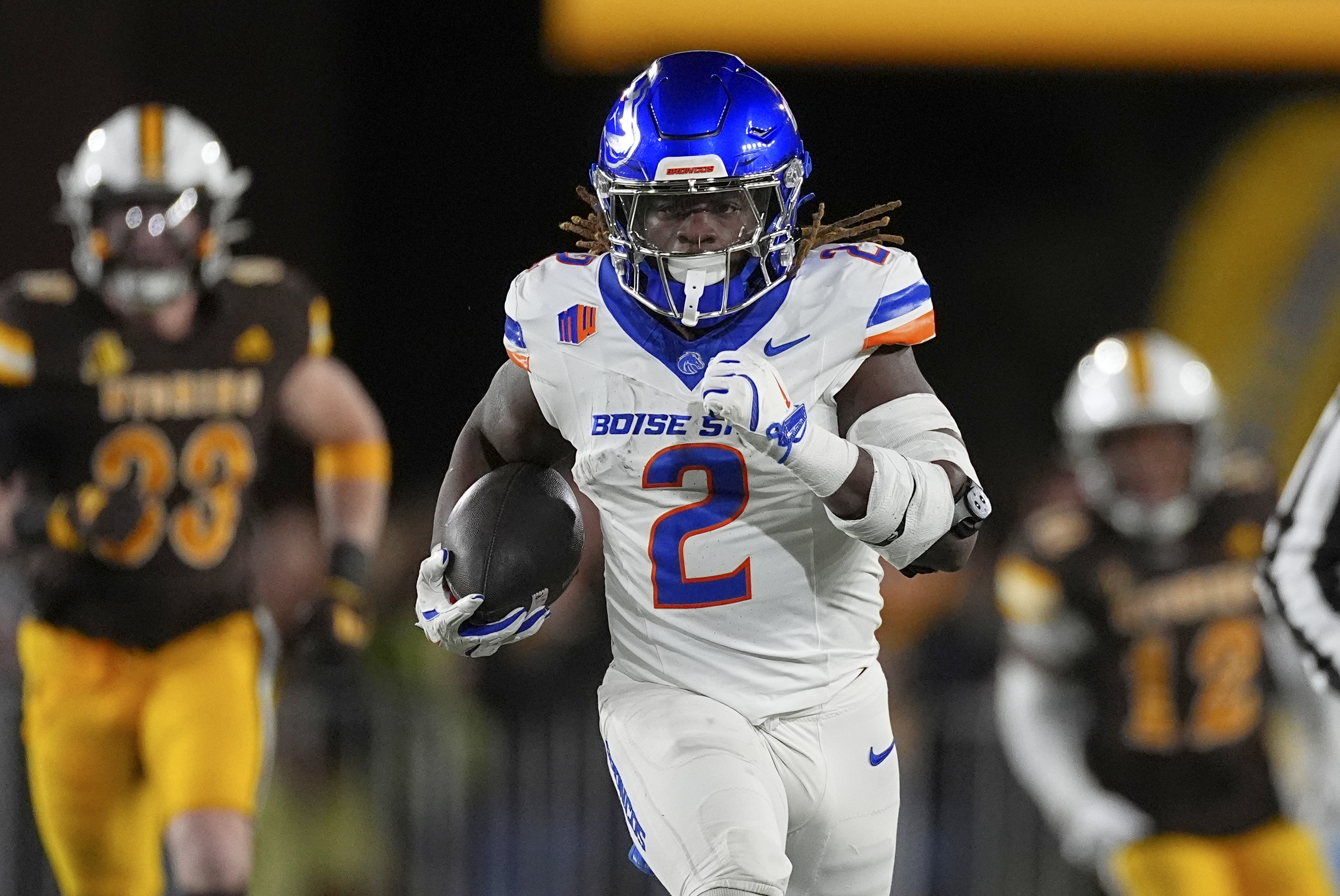 Boise State running back Ashton Jeanty (2) in the first half of an NCAA college football game Saturday, Nov. 23, 2024, in Laramie, Wyo. (AP Photo/David Zalubowski)