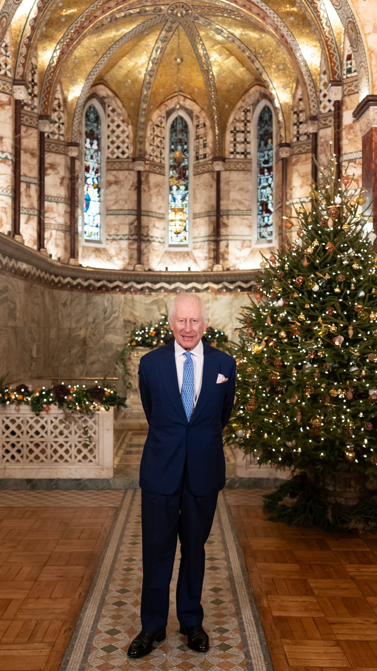 Britain's King Charles III speaks during the recording of his Christmas message at the Fitzrovia Chapel in central London, England, Wednesday, Dec. 11, 2024. (Aaron Chown/PA via AP, Pool)