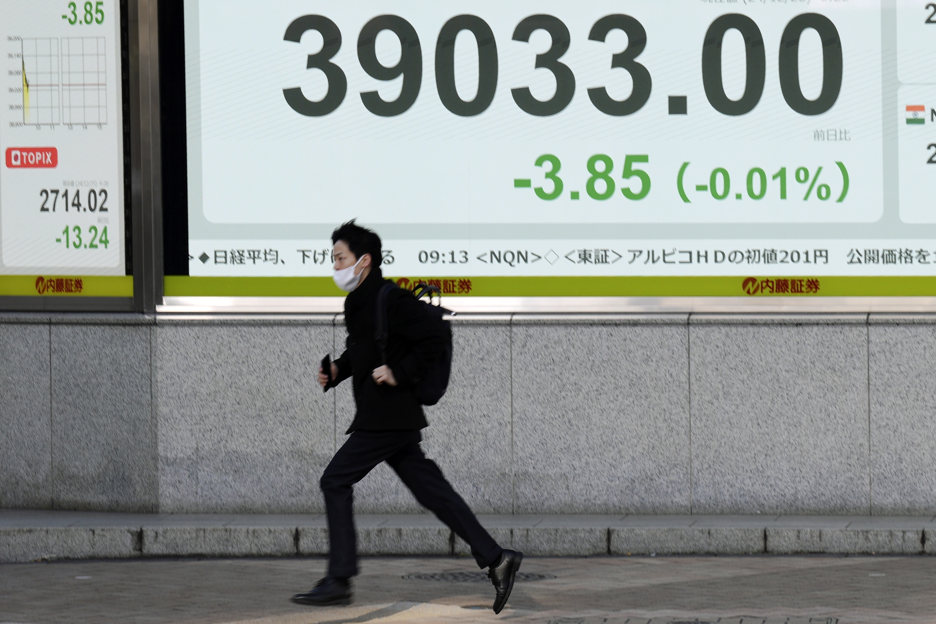 A person runs in front of an electronic stock board showing Japan's Nikkei index at a securities firm Wednesday, Dec. 25, 2024, in Tokyo. (AP Photo/Eugene Hoshiko)