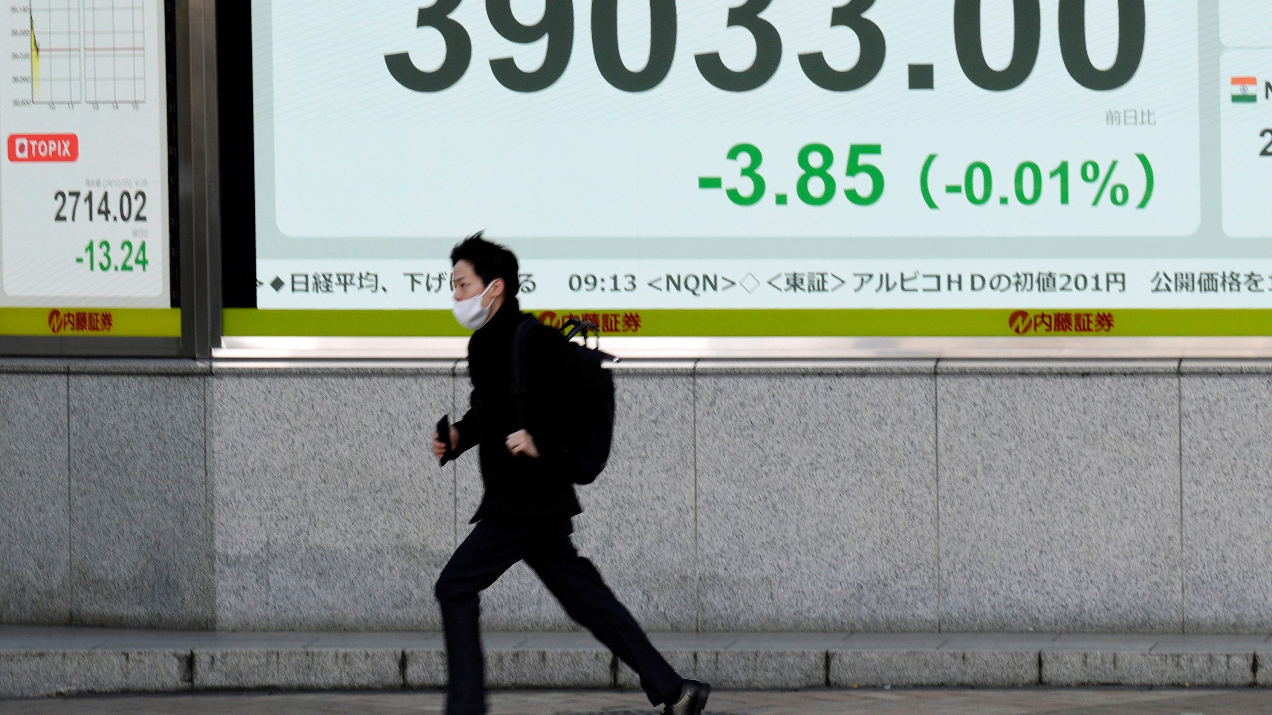 A person runs in front of an electronic stock board showing Japan's Nikkei index at a securities firm Wednesday, Dec. 25, 2024, in Tokyo. (AP Photo/Eugene Hoshiko)