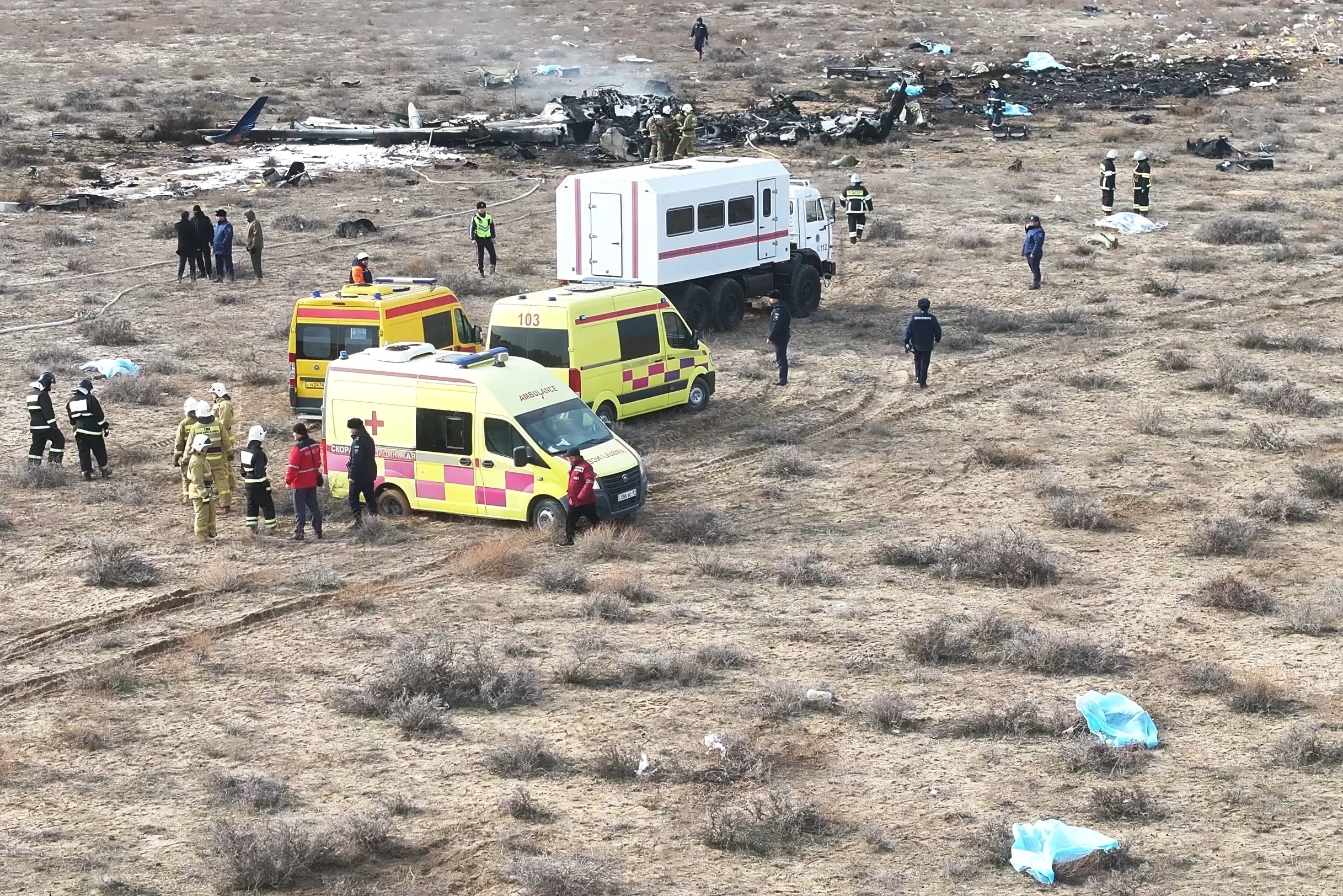 The wreckage of Azerbaijan Airlines Embraer 190 lays on the ground near the airport of Aktau, Kazakhstan, Wednesday, Dec. 25, 2024. (AP Photo/Azamat Sarsenbayev)