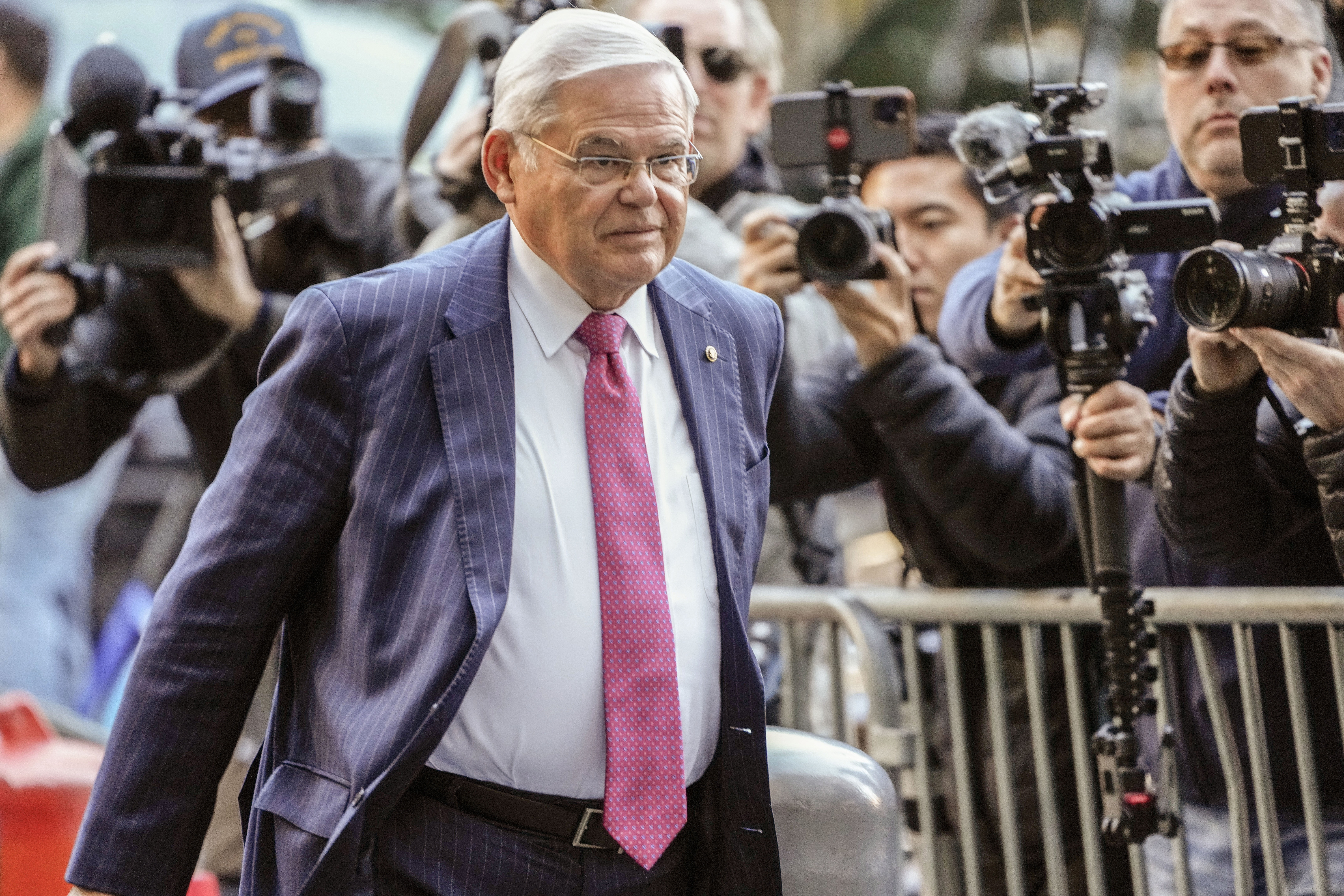 FILE - Sen. Bob Menendez, D-N.J., arrives at Manhattan federal court Oct. 23, 2023, in New York. (AP Photo/Frank Franklin II, File)