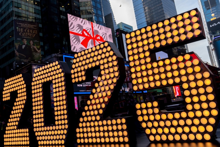 FILE - The 2025 New Year's Eve numerals are displayed in Times Square, on Dec. 18, 2024, in New York. (AP Photo/Julia Demaree Nikhinson, File)