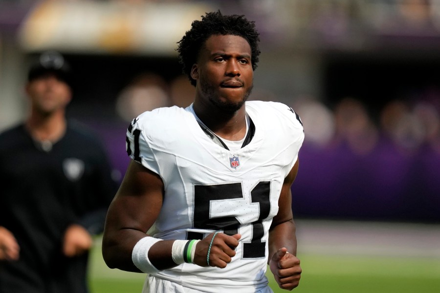 FILE - Las Vegas Raiders defensive end Malcolm Koonce (51) runs off the field at halftime of an NFL preseason football game against the Minnesota Vikings, Aug. 10, 2024, in Minneapolis. (AP Photo/Charlie Neibergall, File)