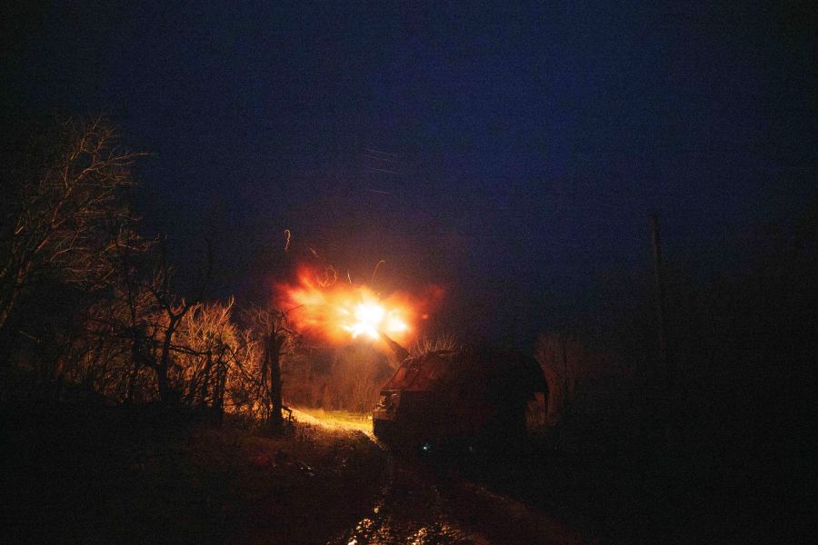 A Ukrainian AS-90 self-propelled artillery vehicle fires towards Russian positions at the frontline on Pokrovsk direction, Donetsk region, Ukraine, Wednesday, Dec. 23, 2024. (AP Photo/Evgeniy Maloletka)