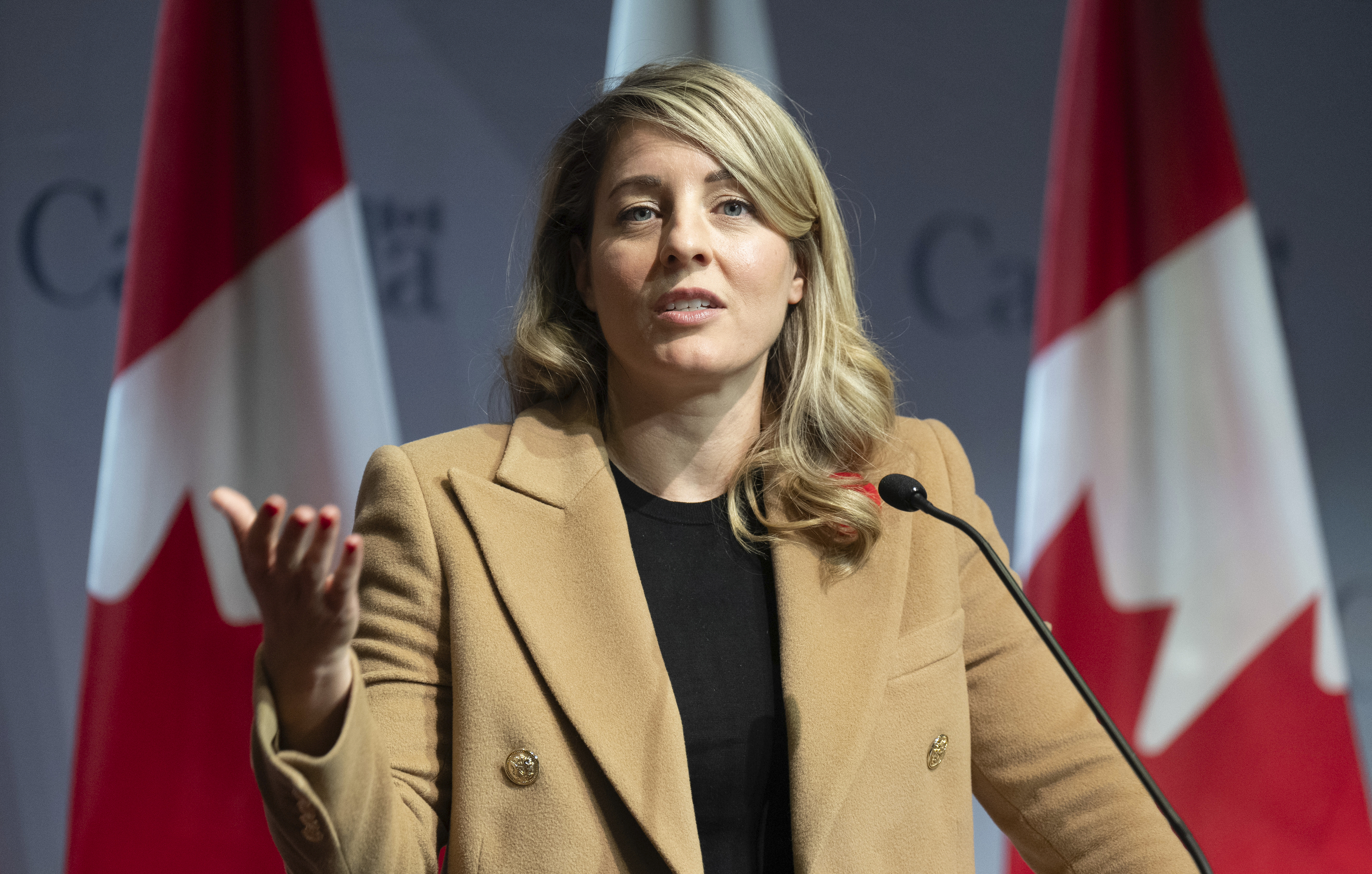 FILE - Canada's Minister of Foreign Affairs Melanie Joly responds to a question during a news conference in Ottawa, Nov. 1, 2024. (Adrian Wyld/The Canadian Press via AP, File)