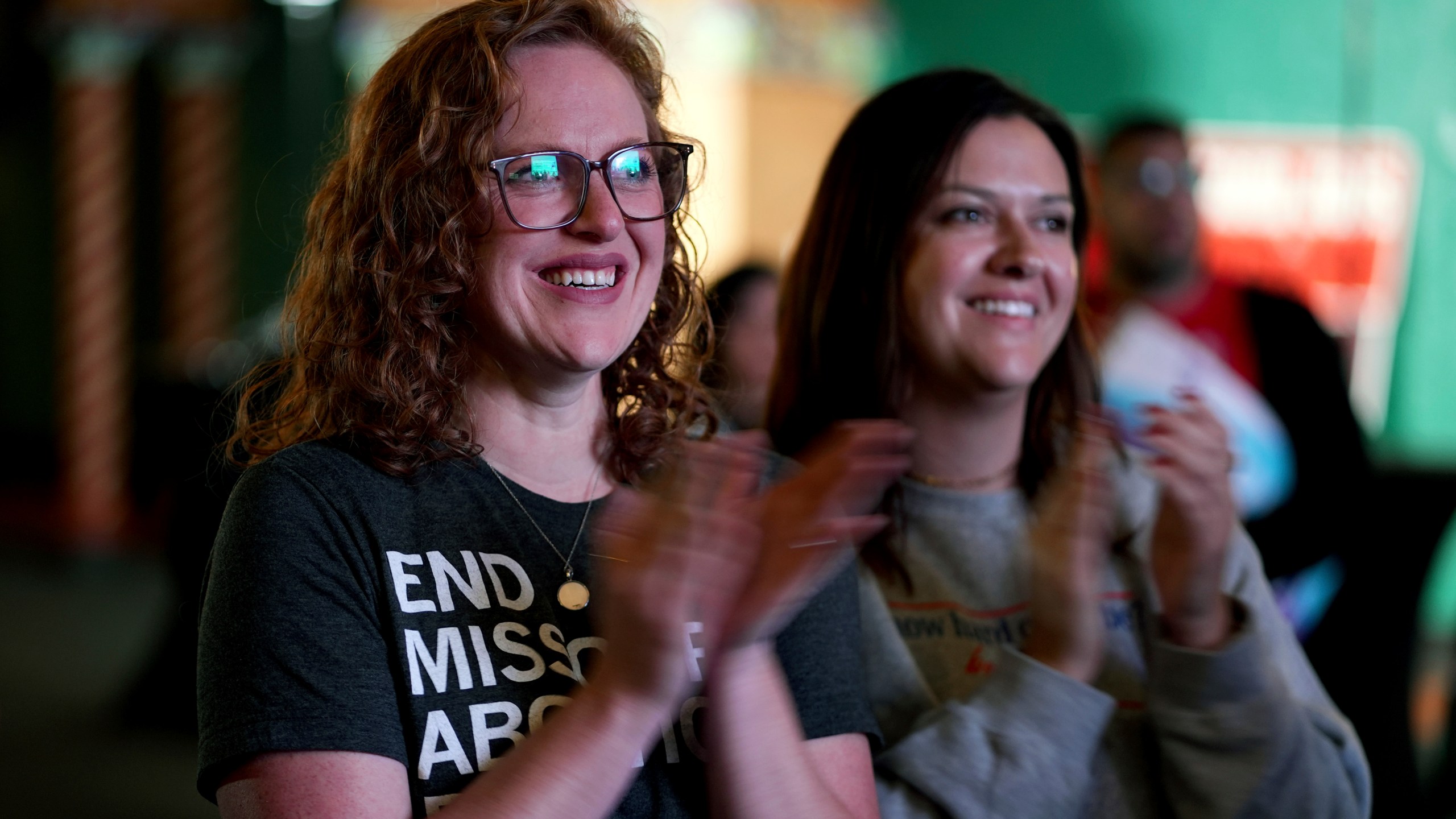 FILE - People only giving there first names Erika, left, and Leeann react after an abortion rights amendment to the Missouri constitution passed, Tuesday, Nov. 5, 2024, at a watch party in Kansas City, Mo. (AP Photo/Charlie Riedel, File)