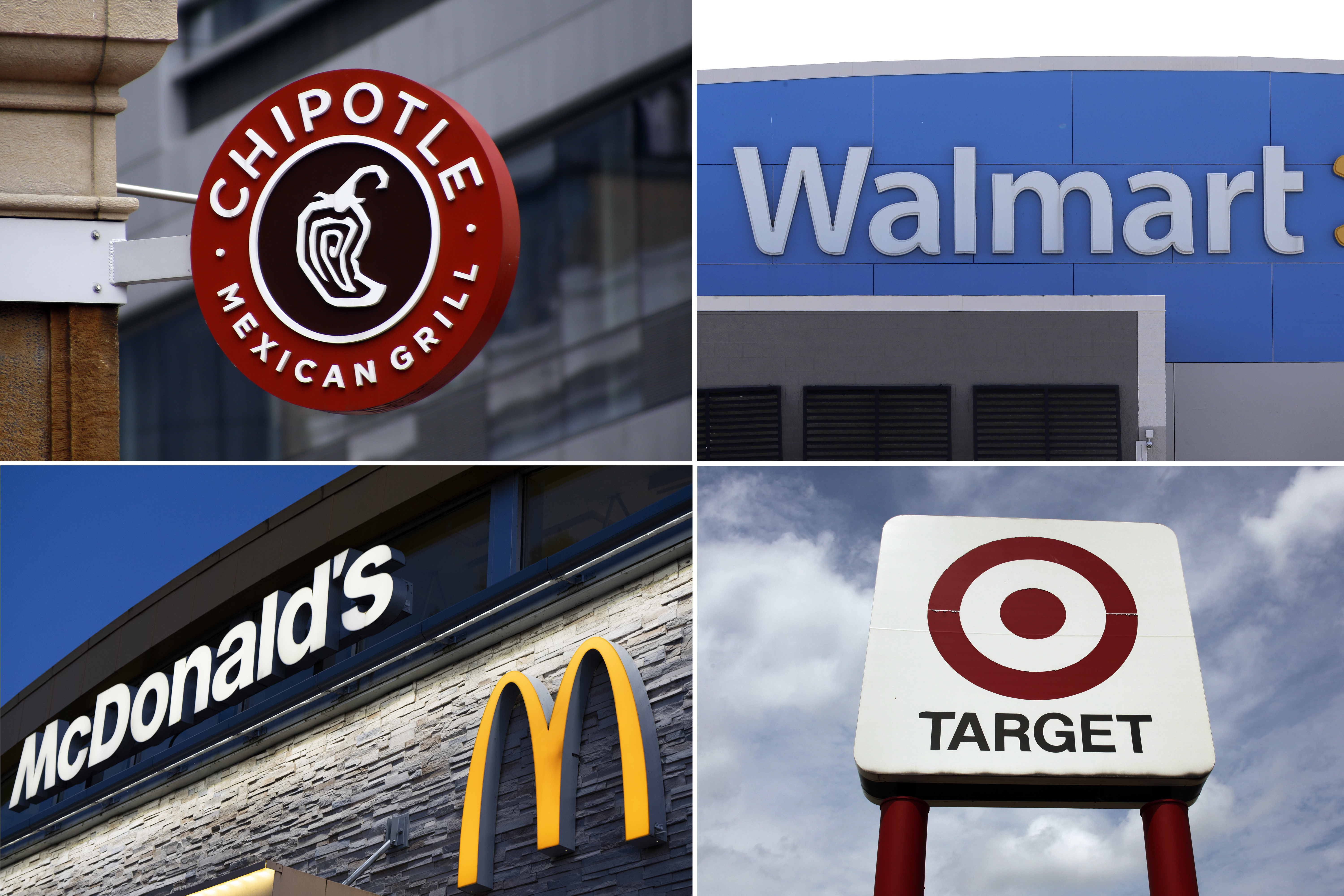 This combination image shows signage of Chipotle restaurant Feb. 8, 2016, Walmart store, in Walpole, Mass., Sept. 3, 2019, McDonald's restaurant on April 29, 2024, in Albany, Ore., a Target store sign is shown in Amherst, N.Y., Aug. 18, 2009. (AP Photo)