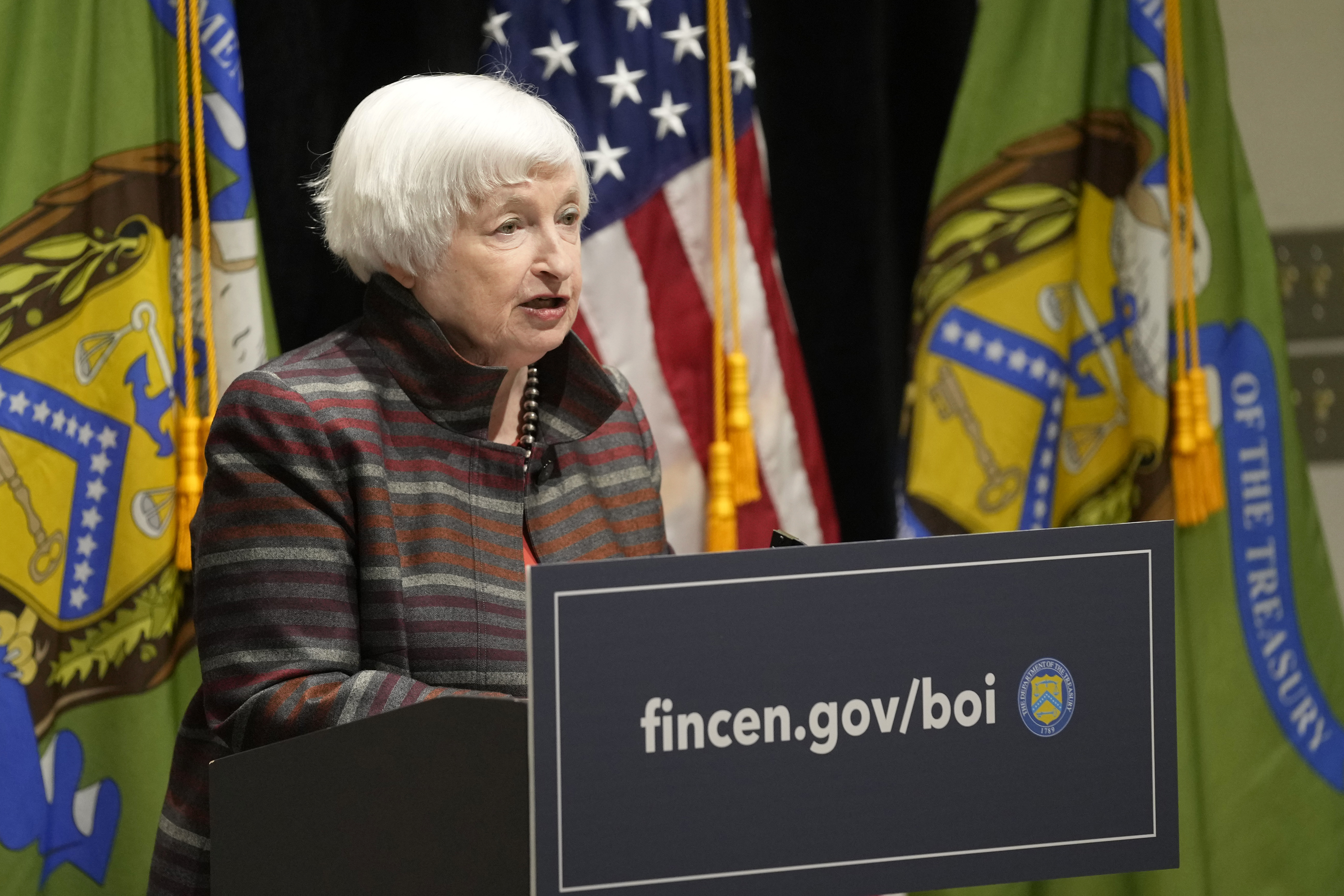 FILE - U.S. Treasury Secretary Janet Yellen speaks during a visit to the Financial Crimes Enforcement Network (FinCEN) in Vienna, Va., on Jan. 8, 2024. (AP Photo/Susan Walsh, File)