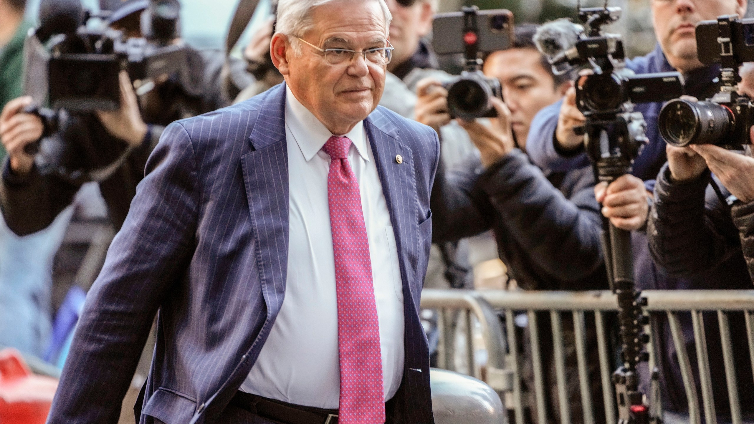 FILE - Sen. Bob Menendez, D-N.J., arrives at Manhattan federal court Oct. 23, 2023, in New York. (AP Photo/Frank Franklin II, File)