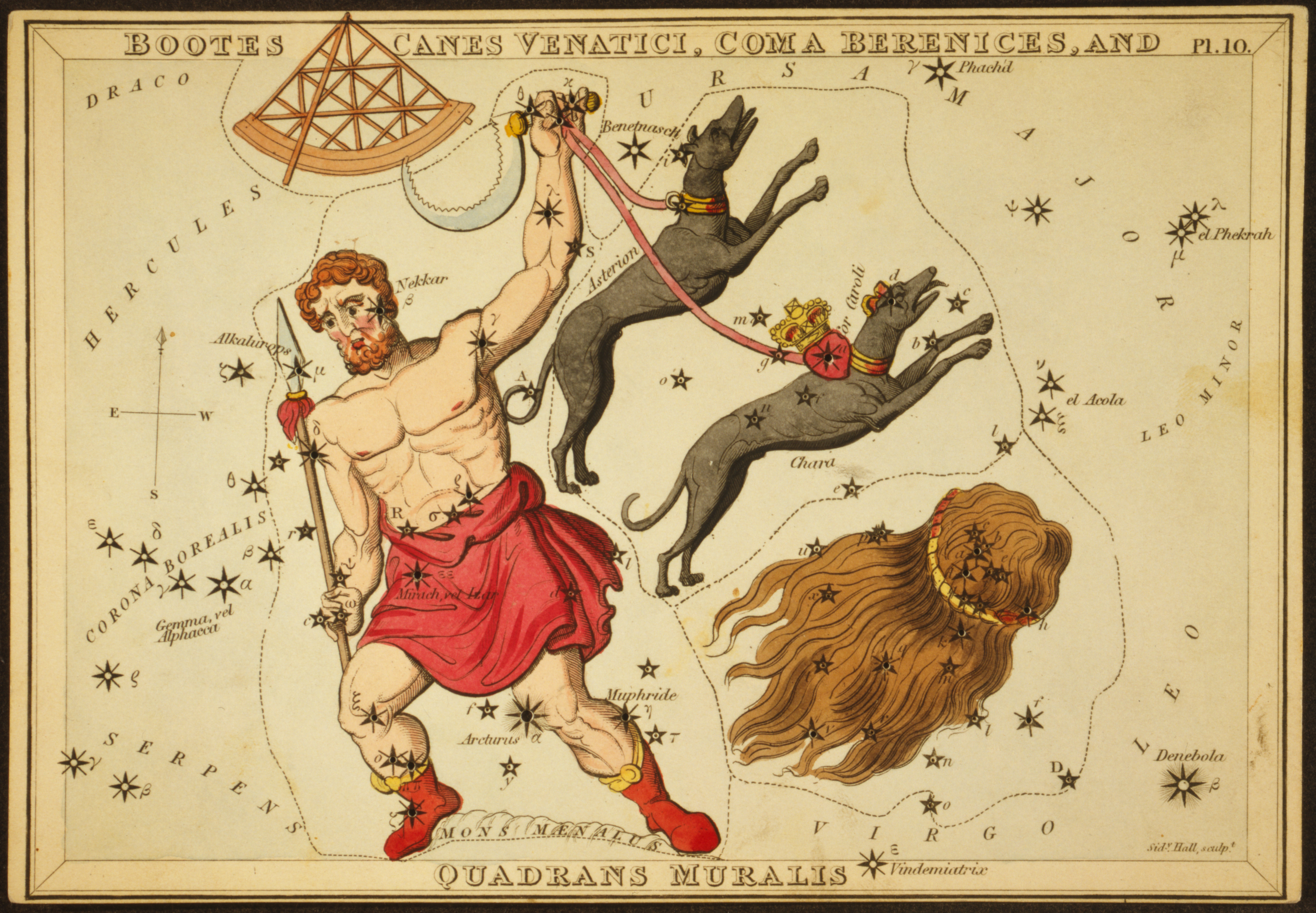 This 1825 etching provided by the Library of Congress shows an astronomical chart depicting Bootes the Ploughman holding a spear, a sickle, and two dogs, Asterion and Chara, on leashes, a quadrant, and the hair of Berenice forming the constellations. (Sidney Hall/Library of Congress via AP)