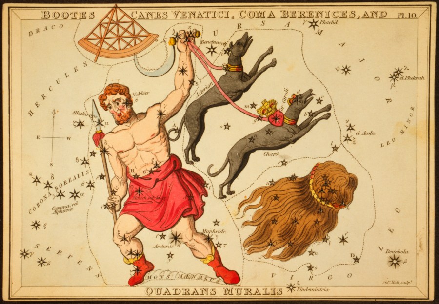 This 1825 etching provided by the Library of Congress shows an astronomical chart depicting Bootes the Ploughman holding a spear, a sickle, and two dogs, Asterion and Chara, on leashes, a quadrant, and the hair of Berenice forming the constellations. (Sidney Hall/Library of Congress via AP)