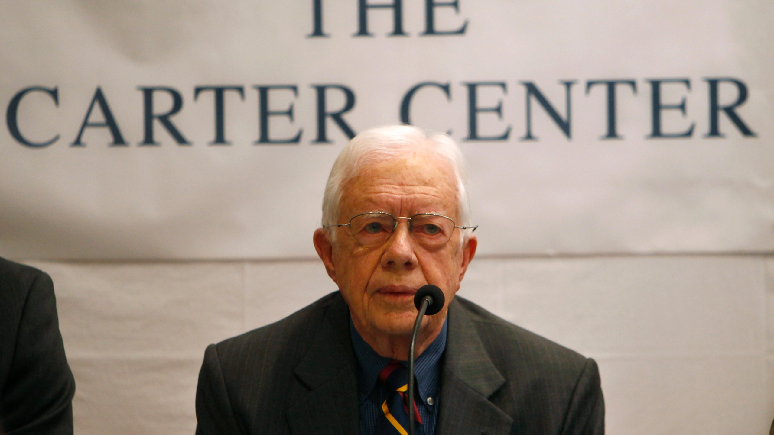 FILE - Former U.S. President Jimmy Carter speaks at a news conference in Katmandu, Nepal, on April 1, 2013. (AP Photo/Niranjan Shrestha, File)