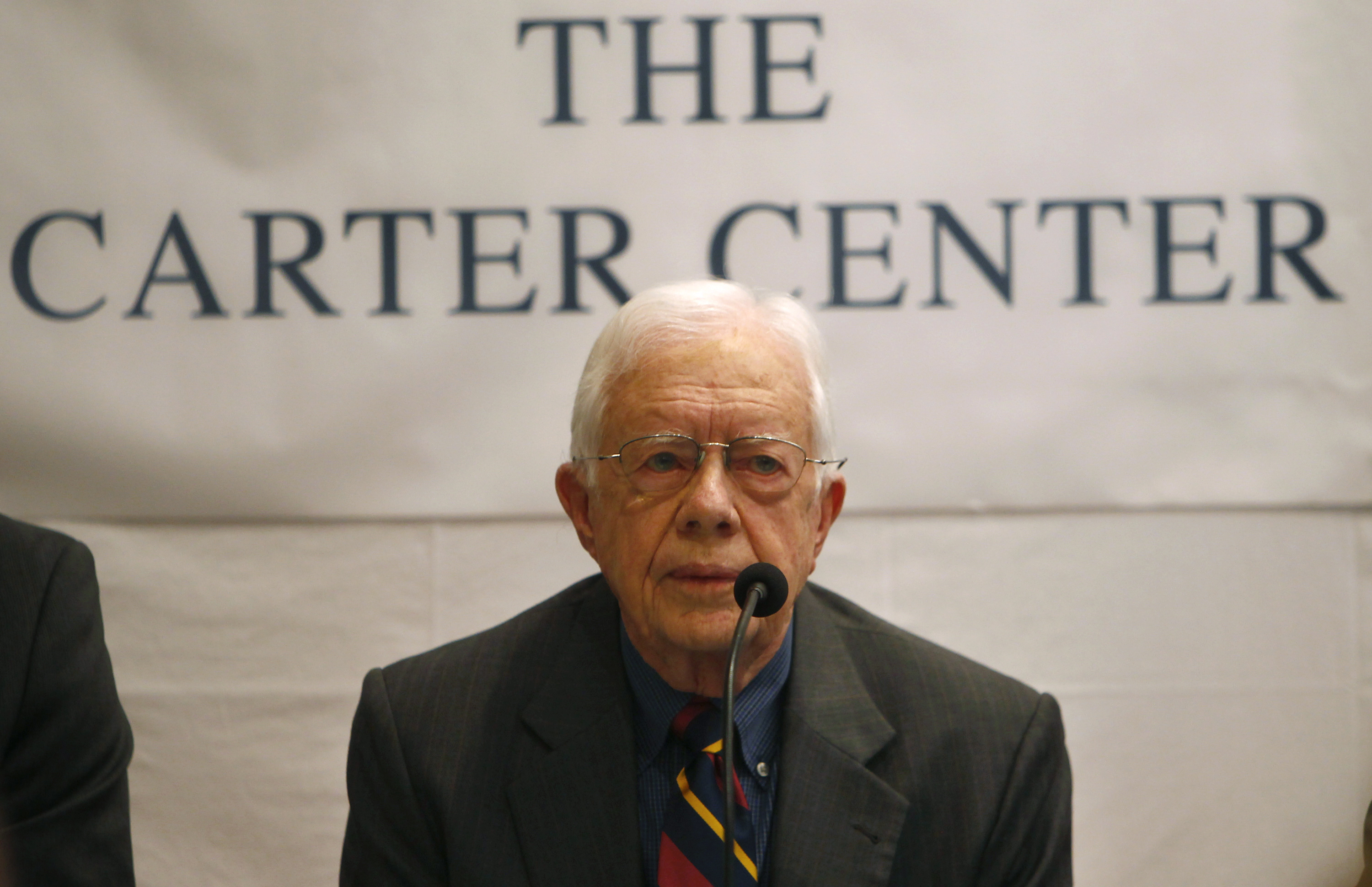 FILE - Former U.S. President Jimmy Carter speaks at a news conference in Katmandu, Nepal, on April 1, 2013. (AP Photo/Niranjan Shrestha, File)