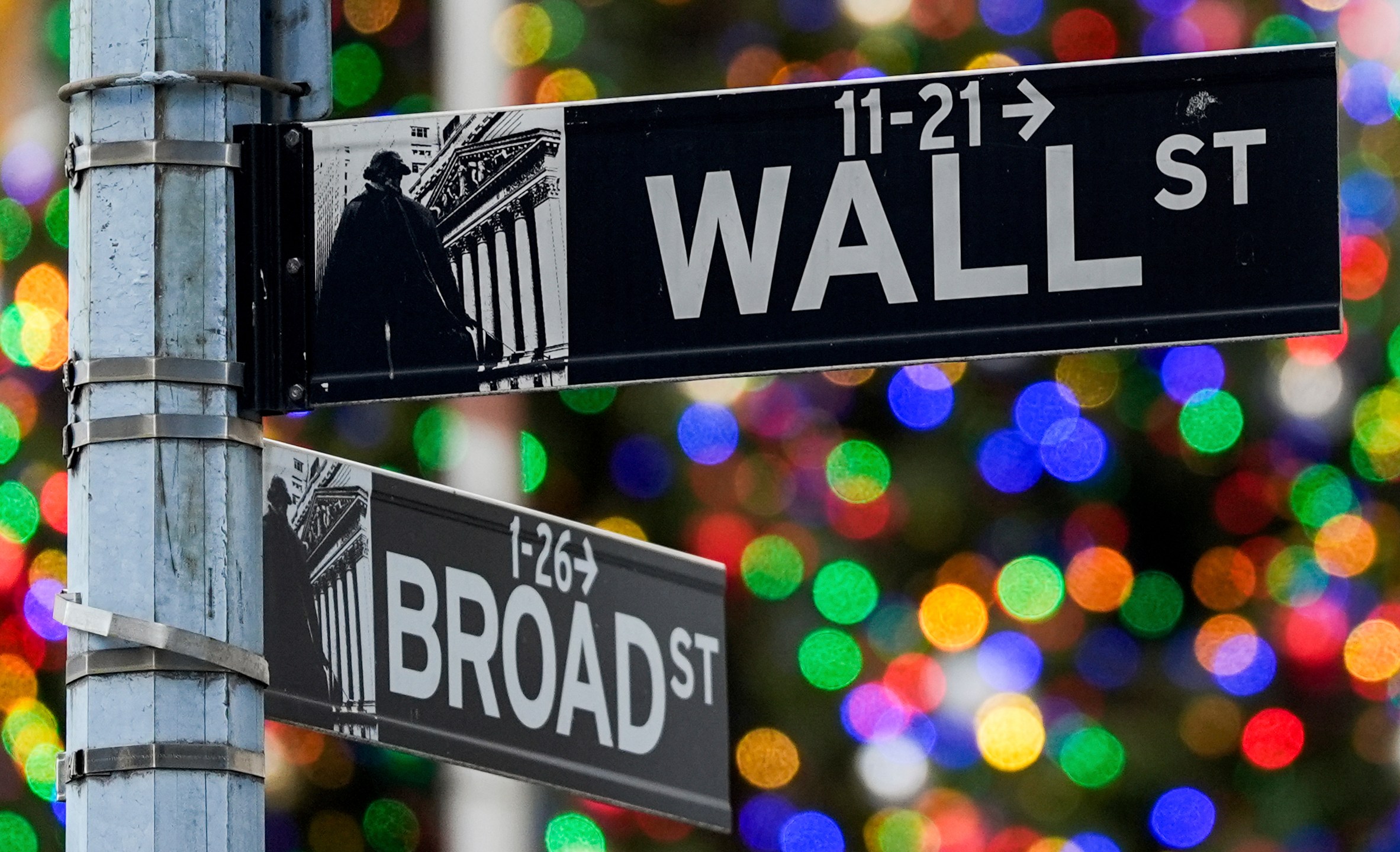 FILE - A sign outside the New York Stock Exchange marks the intersection of Wall and Broad Streets, Dec. 12, 2024, in New York. (AP Photo/Julia Demaree Nikhinson, File)