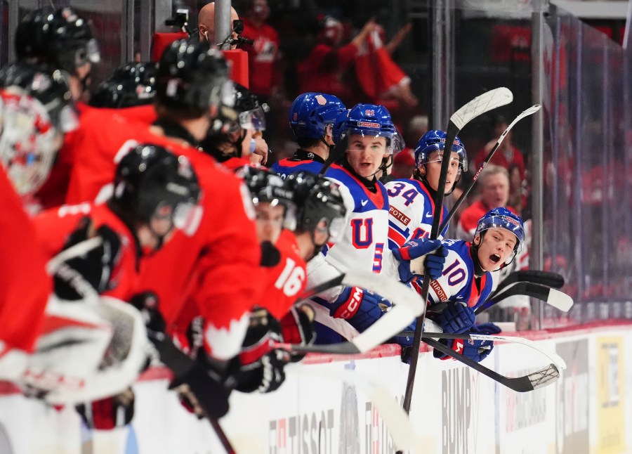 United States' Carey Terrance (10) shout to the Canada bench during third-period IIHF World Junior Hockey Championship tournament game action in Ottawa, Ontario, Tuesday, Dec. 31, 2024. (Sean Kilpatrick/The Canadian Press via AP)