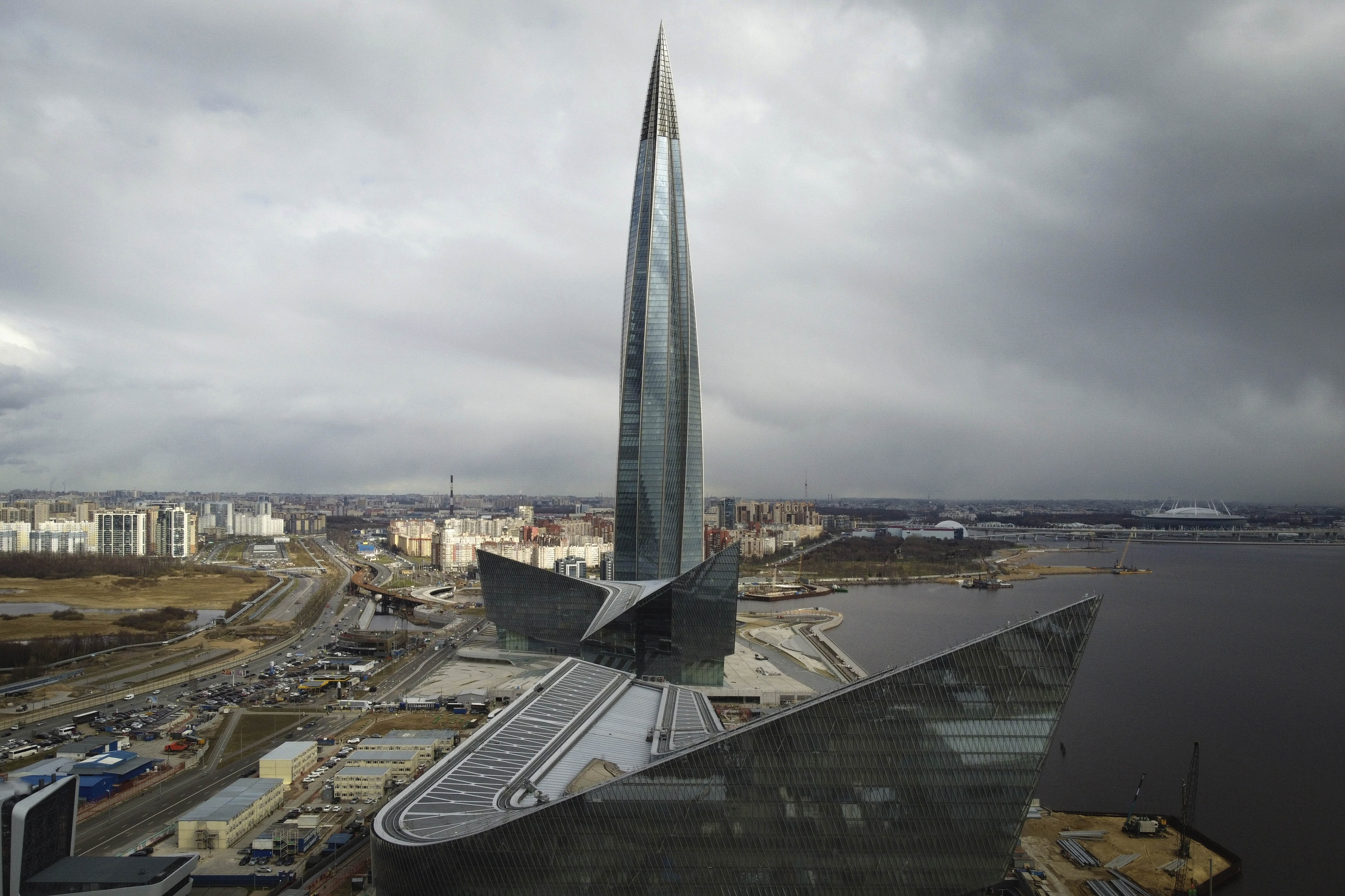 FILE - A view of the business tower Lakhta Centre, the headquarters of Russian gas monopoly Gazprom in St. Petersburg, Russia, April 27, 2022. (AP Photo/Dmitri Lovetsky, File)