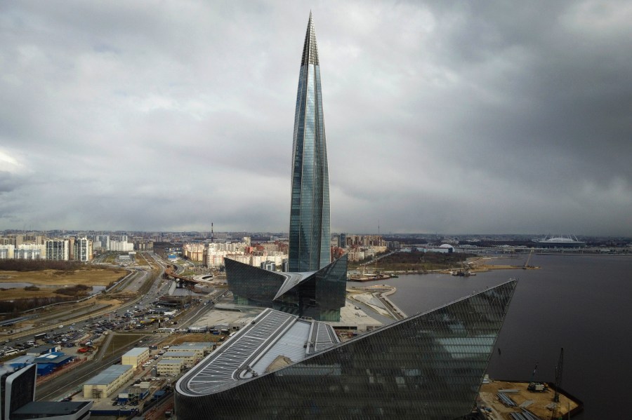 FILE - A view of the business tower Lakhta Centre, the headquarters of Russian gas monopoly Gazprom in St. Petersburg, Russia, April 27, 2022. (AP Photo/Dmitri Lovetsky, File)