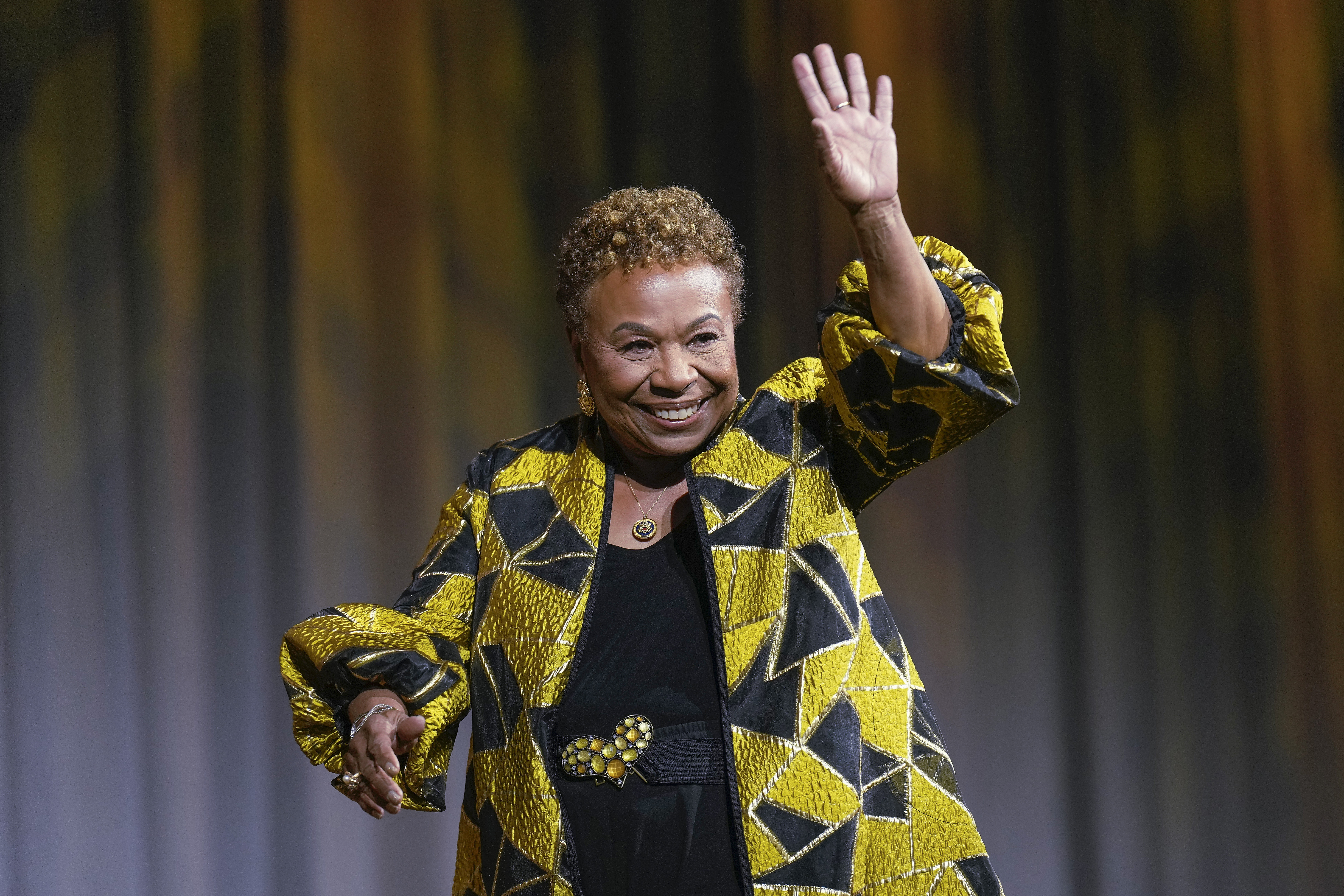 FILE—Rep. Barbara Lee, D-Ca., waves on stage during the Congressional Black Caucus Foundation Phoenix Awards, Saturday, Sept. 14, 2024. (AP Photo/Jacquelyn Martin, File)