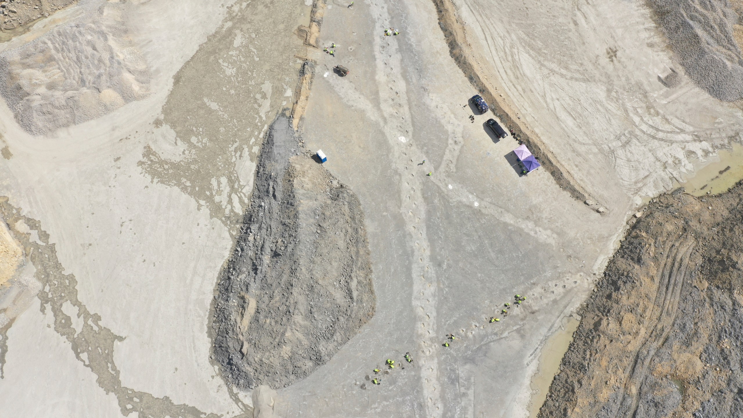 In this undated photo provided by the University of Birmingham on Thursday, Jan. 2, 2025, a view of five extensive trackways that formed part of a “dinosaur highway,” at Dewars Farm Quarry in Oxfordshire, England. (University of Birmingham via AP)