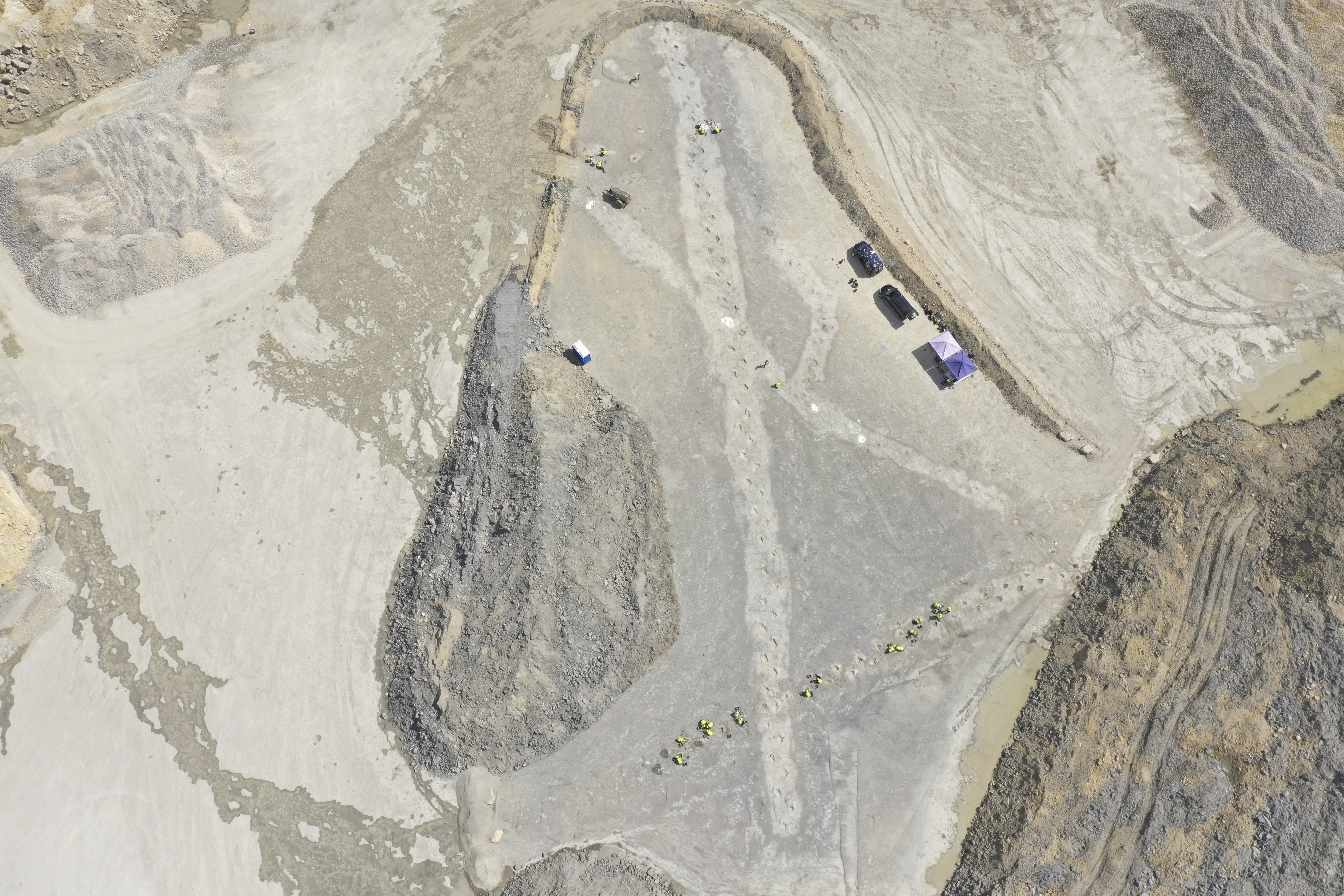 In this undated photo provided by the University of Birmingham on Thursday, Jan. 2, 2025, a view of five extensive trackways that formed part of a “dinosaur highway,” at Dewars Farm Quarry in Oxfordshire, England. (University of Birmingham via AP)