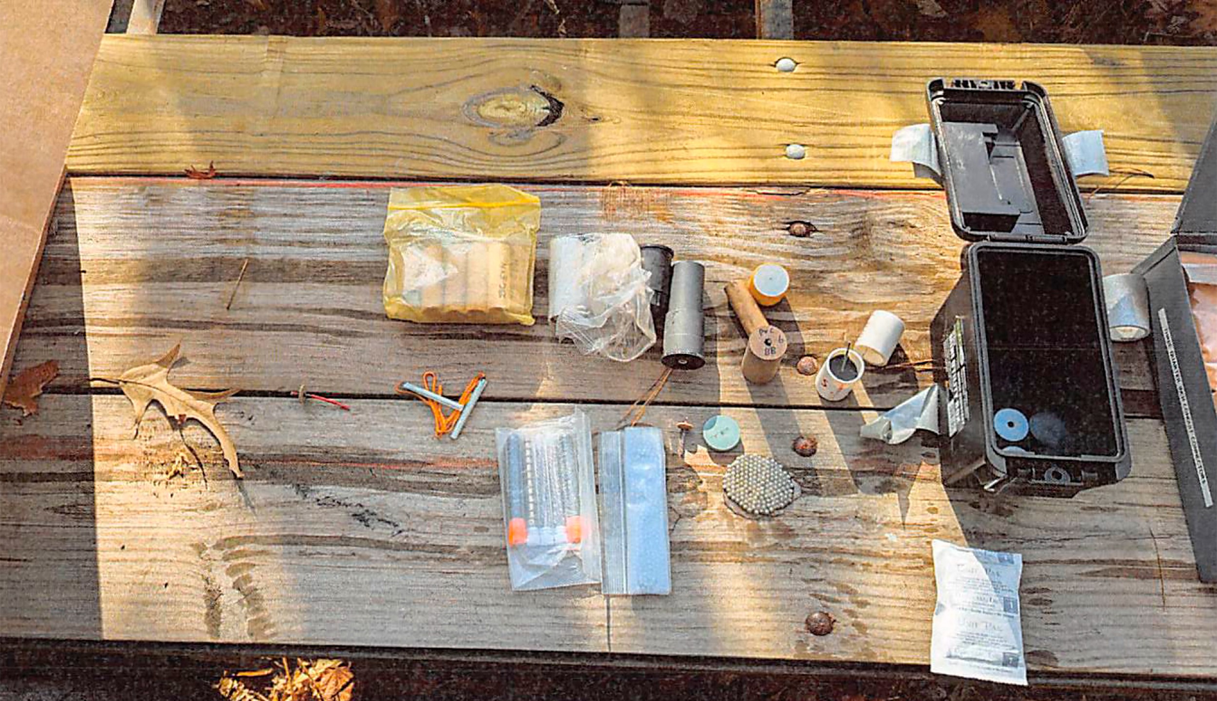 This image provided by U.S. Attorney’s Office, Eastern District of Virginia shows a stockpile of homemade explosives Federal agents seized when they arrested Brad Spafford, a Virginia man on a firearms charge in Dec. 2024. (U.S. Attorney’s Office, Eastern District of Virginia via AP)