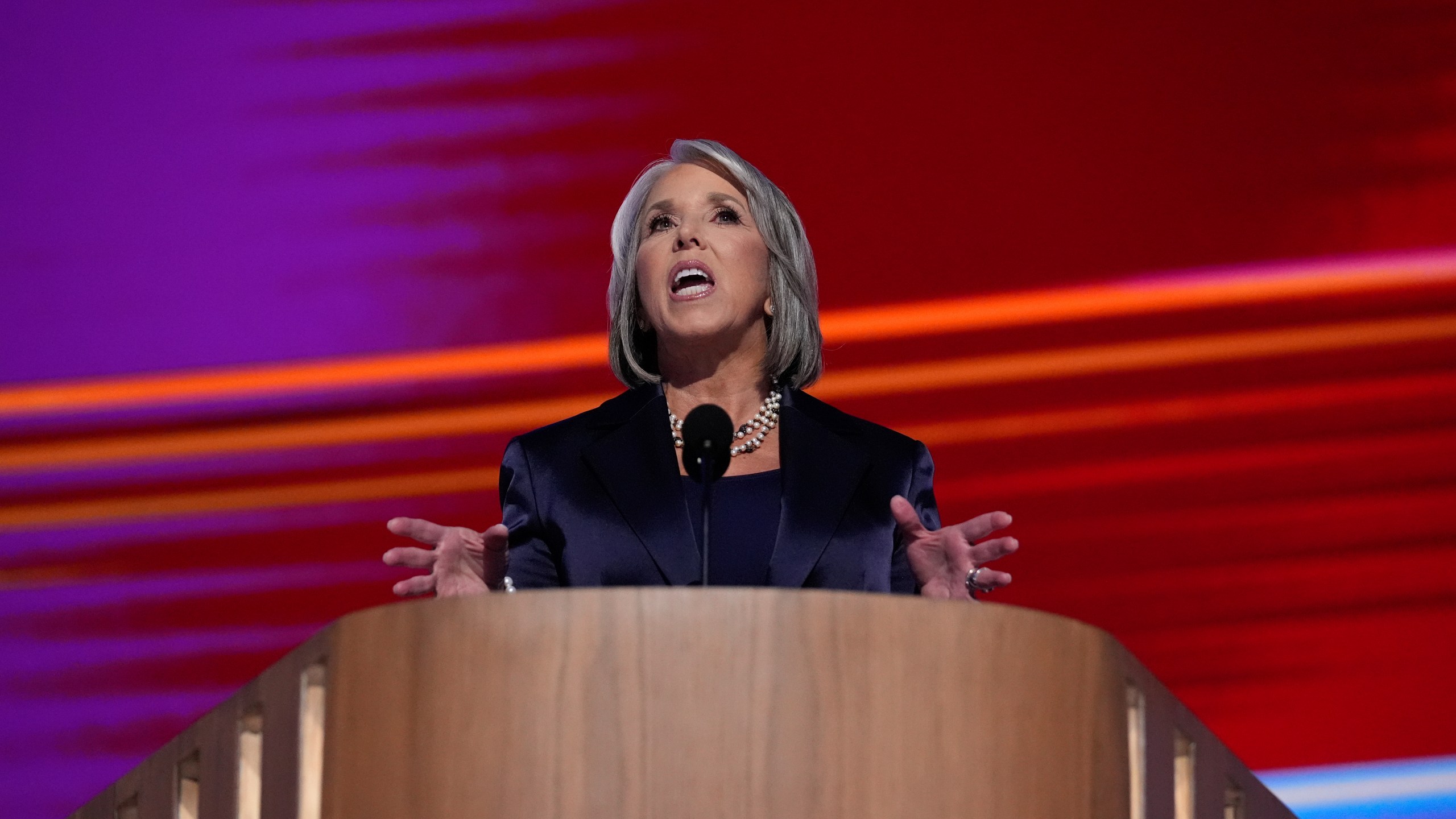 FILE - New Mexico Gov. Michelle Lujan Grisham speaks during the Democratic National Convention, Aug. 20, 2024, in Chicago. (AP Photo/Brynn Anderson, File)