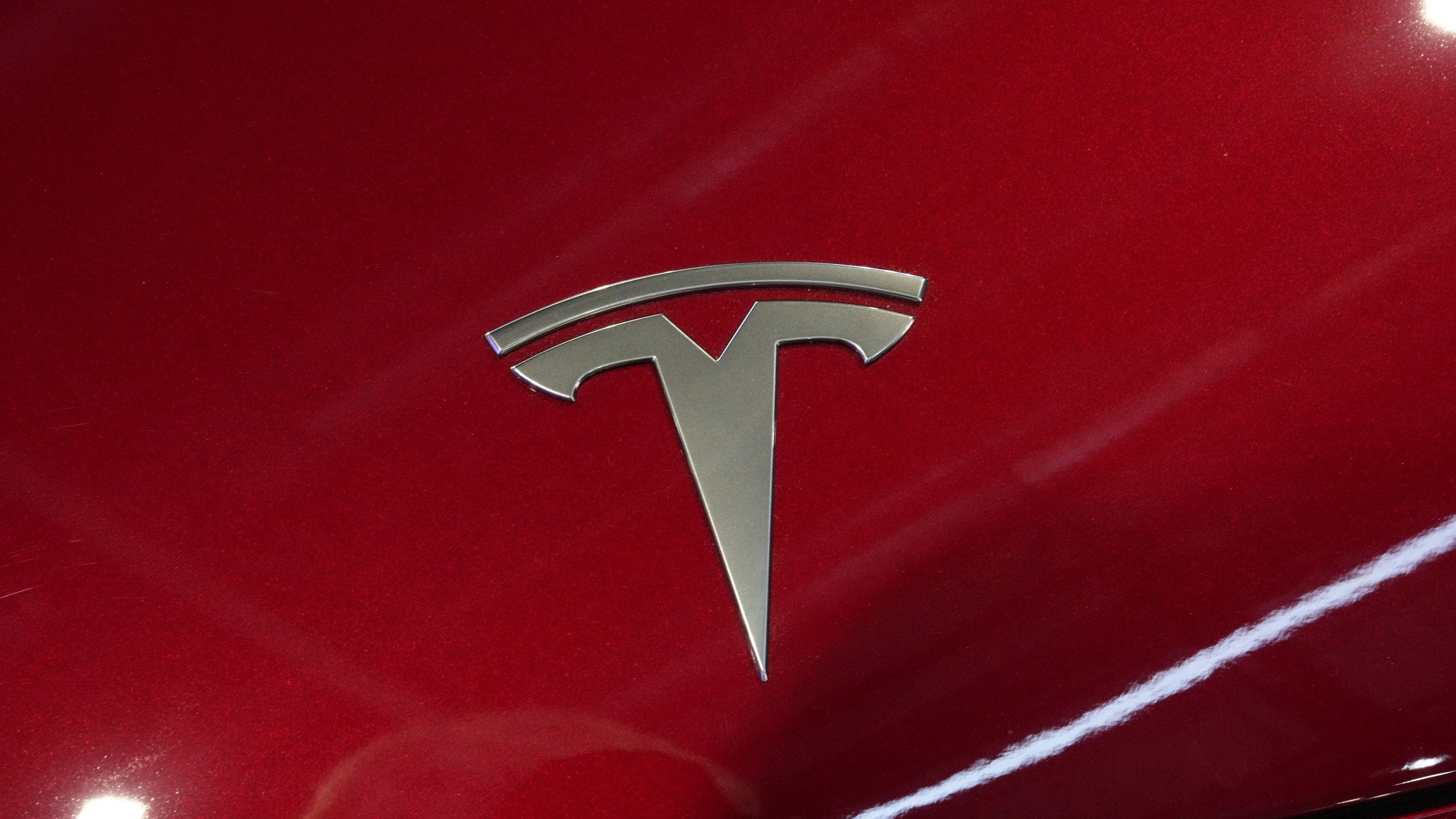 FILE - The logo of Tesla car is pictured at the Paris Auto Show, in Paris, Oct. 14, 2024. (AP Photo/Michel Euler, File)