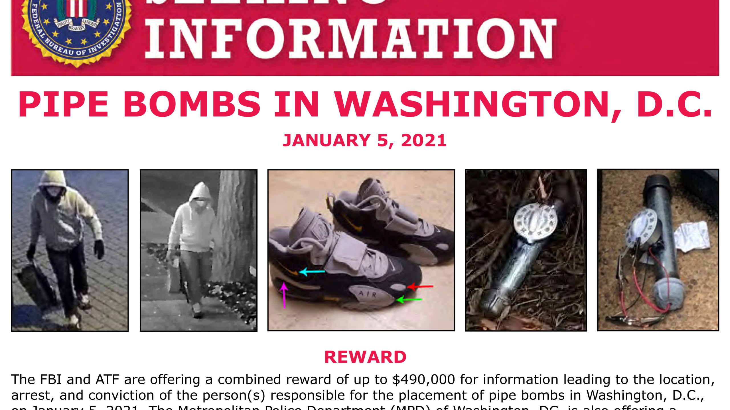 This image shows part of a "Seeking Information" notice released by the Federal Bureau of Investigation regarding pipe bombs planted outside offices of the Democratic and Republican national committees in Washington on Jan. 5, 2021, on the eve of the attack on the Capitol. (FBI via AP)