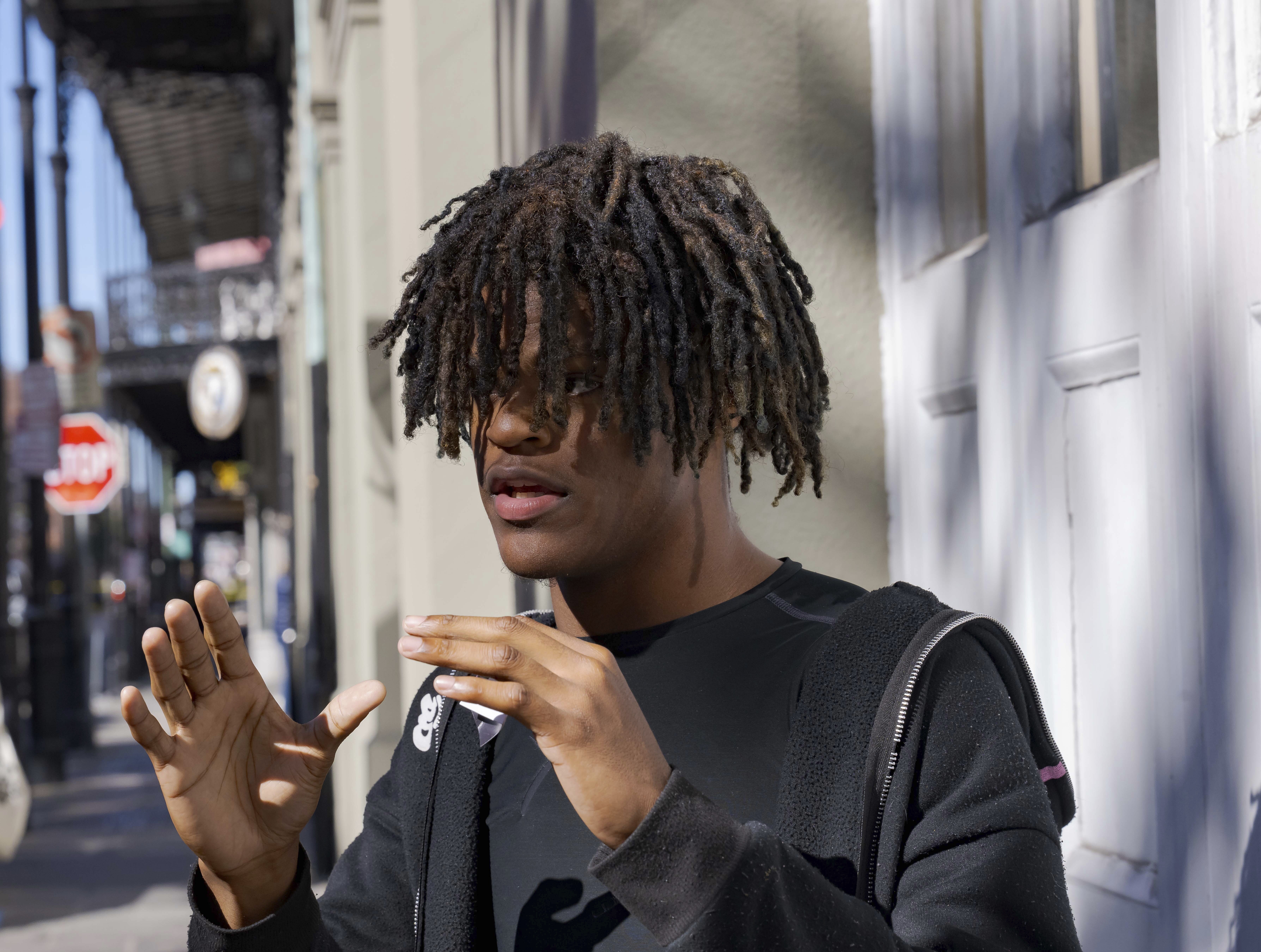 Zion Parsons, 18, talks about the death of his friend, Nikyra Dedeaux, 18, and the scene after a pickup truck crashed into pedestrians on Bourbon Street followed by a shooting in the French Quarter in New Orleans, Wednesday, Jan. 1, 2025. (AP Photo/Matthew Hinton)