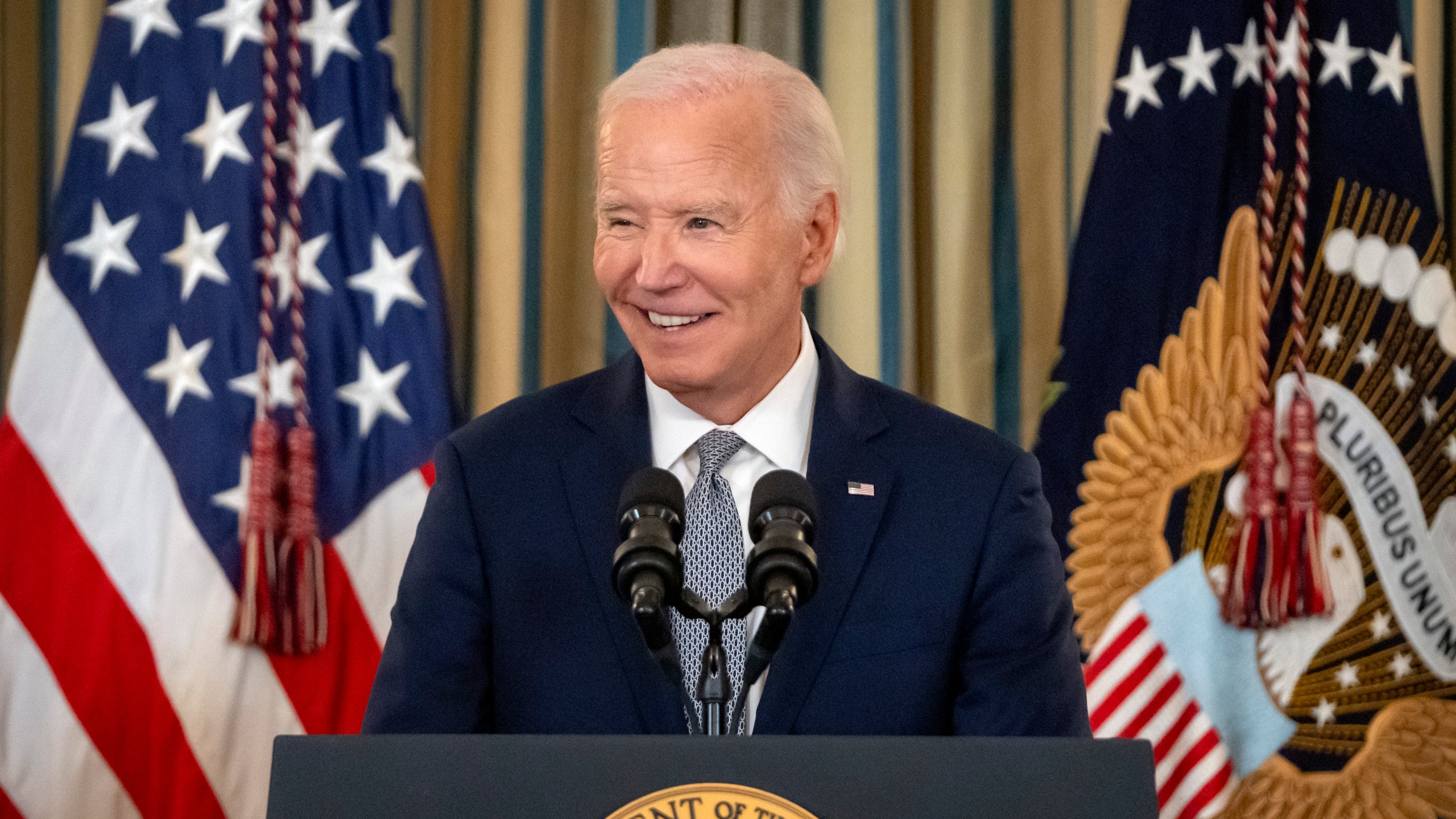 President Joe Biden speaks during an event to mark his administration's efforts to confirm federal judges during his term in the State Dining Room at the White House, Thursday, Jan. 2, 2025, in Washington. (AP Photo/Mark Schiefelbein)