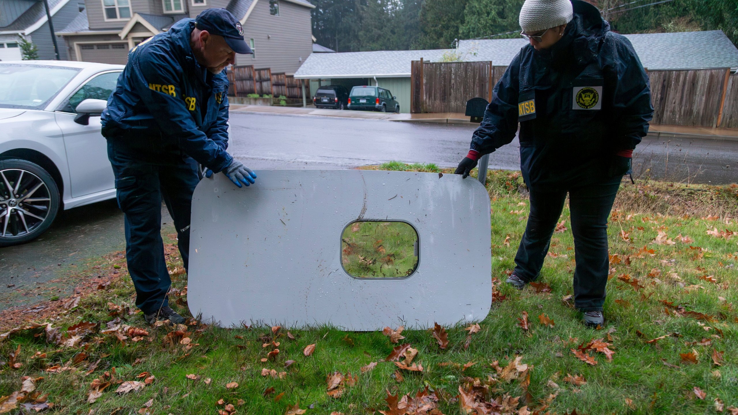 FILE - This photo released by the National Transportation Safety Board shows the door plug that fell from Alaska Airlines Flight 1282 on Jan. 8, 2024, in Portland, Ore. (National Transportation Safety Board via AP, file)