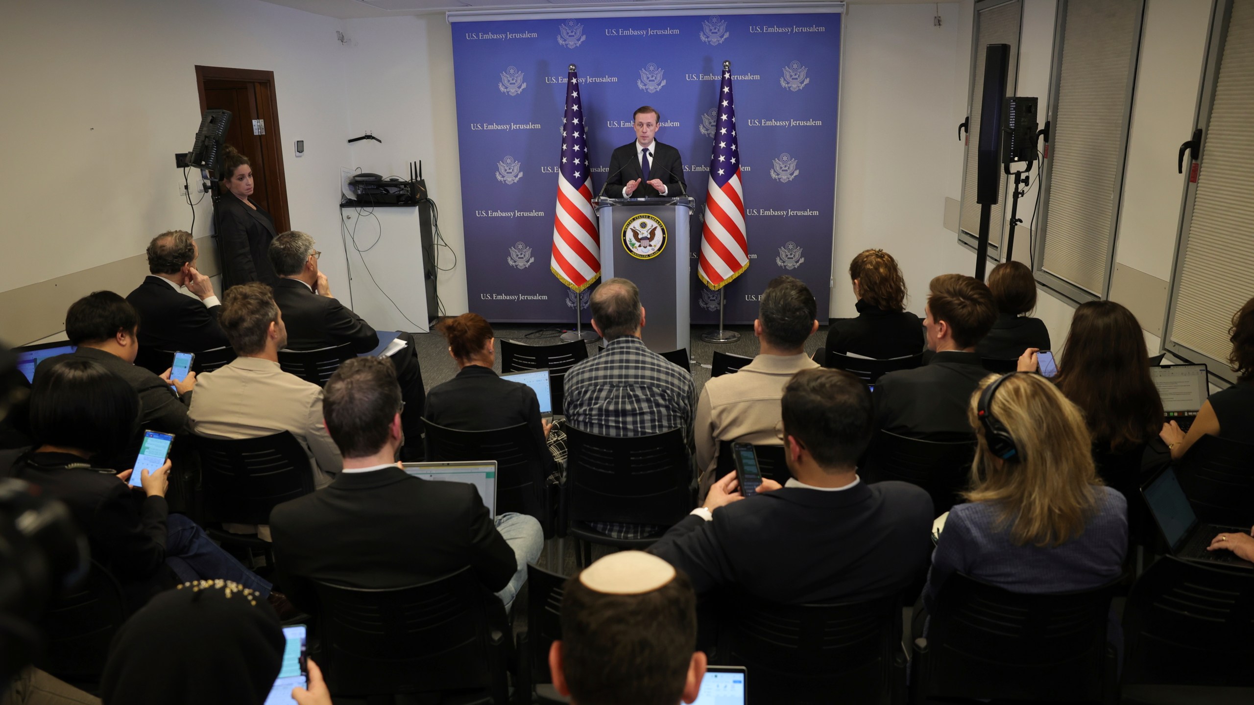 U.S National Security Advisor, Jake Sullivan, speaks during a news conference in Tel Aviv, Israel, on Thursday, Dec. 2024. (Abir Sultan/Pool via AP)