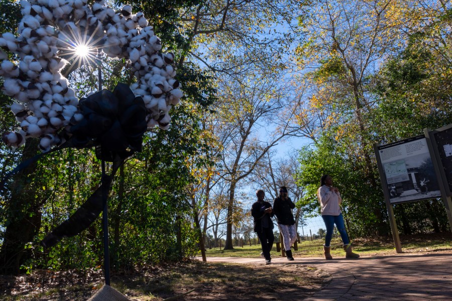 A memorial wreath of cotton bolls is seen at the entrance to the Jimmy Carter Boyhood Farm, Wednesday, Jan. 1, 2025, in Archery, Ga. (AP Photo/Alex Brandon, Pool)